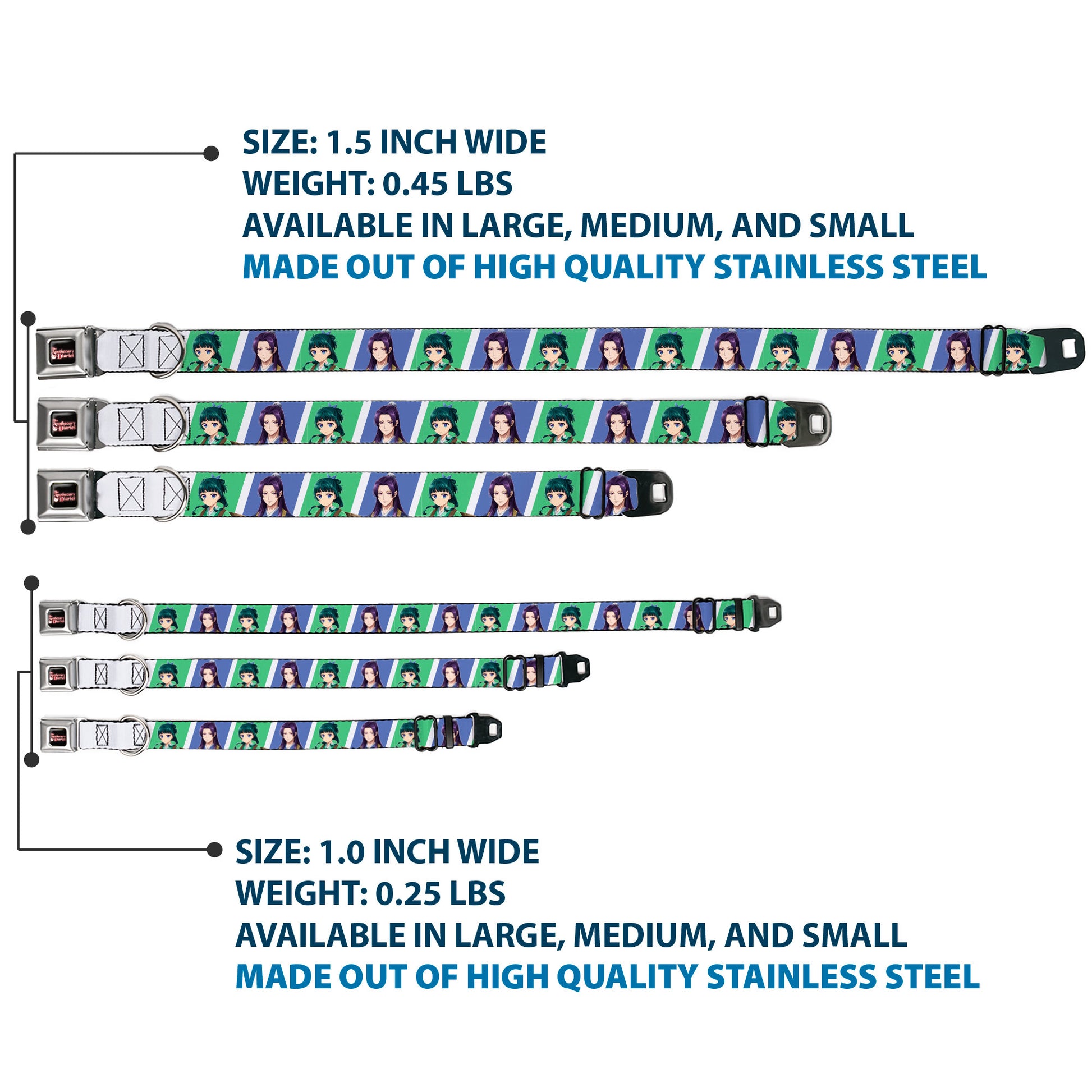 THE APOTHECARY DIARIES Title Logo Full Color Black/Red/White Seatbelt Buckle Collar - The Apothecary Diaries Jinshi and Maomao Pose Blocks White/Blue/Green Seatbelt Buckle Collars The Apothecary Diaries
