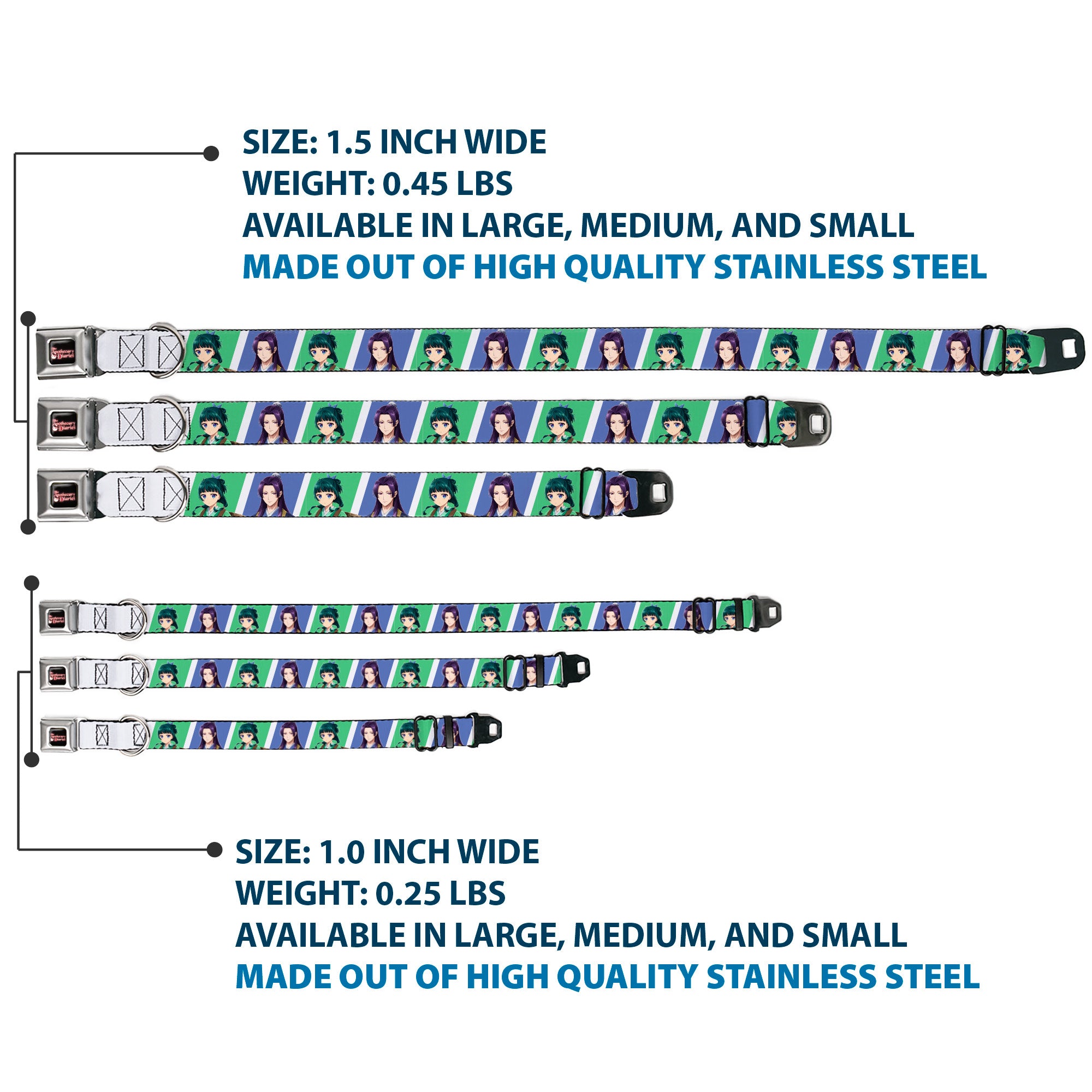 THE APOTHECARY DIARIES Title Logo Full Color Black/Red/White Seatbelt Buckle Collar - The Apothecary Diaries Jinshi and Maomao Pose Blocks White/Blue/Green Seatbelt Buckle Collars The Apothecary Diaries