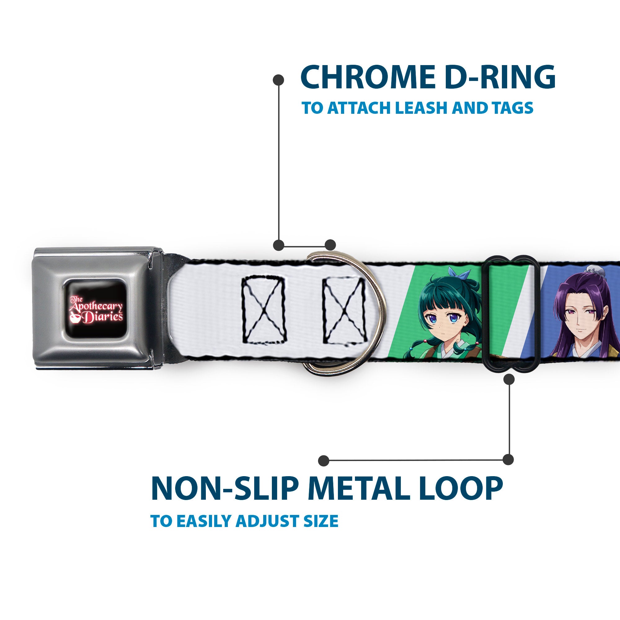 THE APOTHECARY DIARIES Title Logo Full Color Black/Red/White Seatbelt Buckle Collar - The Apothecary Diaries Jinshi and Maomao Pose Blocks White/Blue/Green Seatbelt Buckle Collars The Apothecary Diaries