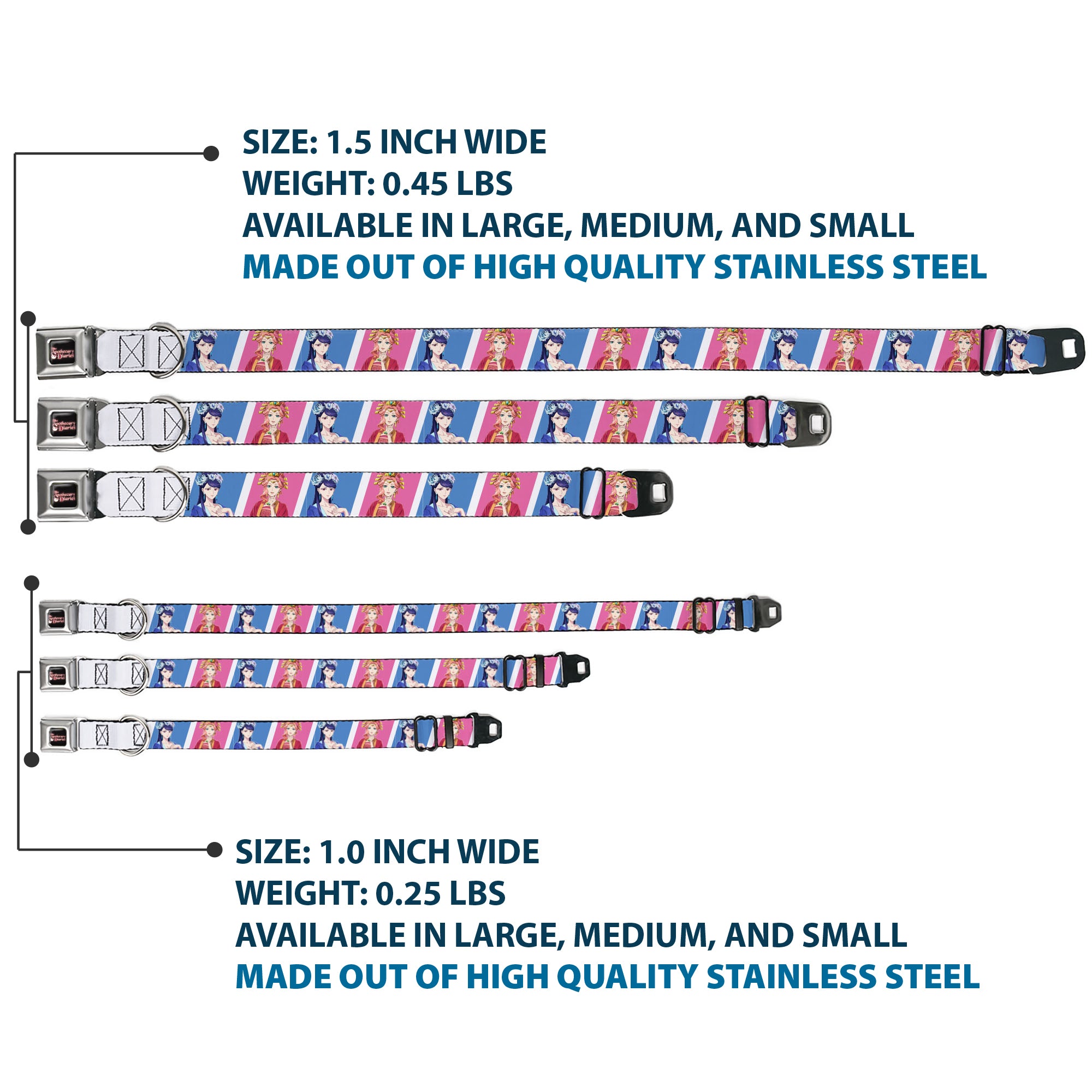 THE APOTHECARY DIARIES Title Logo Full Color Black/Red/White Seatbelt Buckle Collar - The Apothecary Diaries Gyokuyo and Lihua Pose Blocks White/Pink/Blue Seatbelt Buckle Collars The Apothecary Diaries