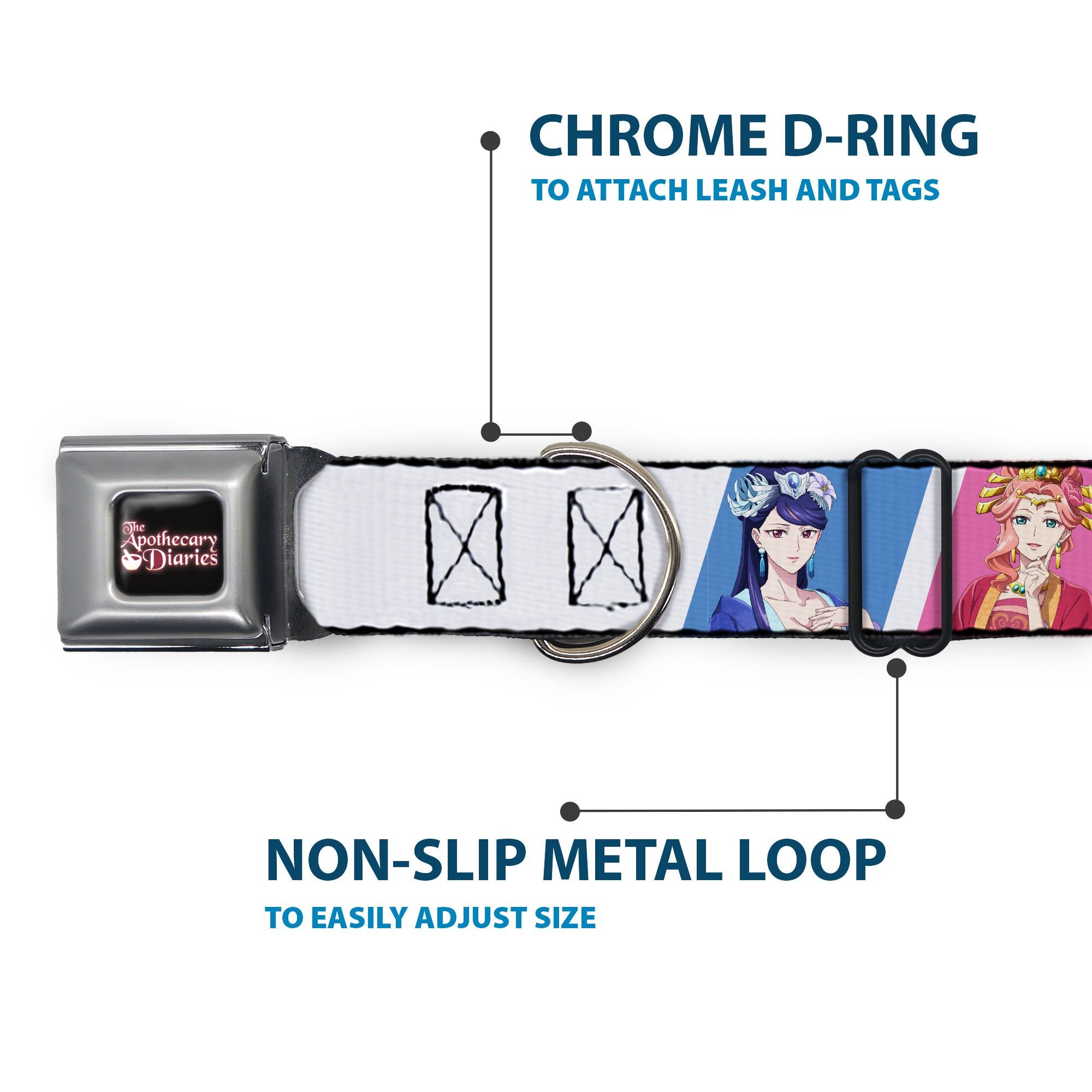 THE APOTHECARY DIARIES Title Logo Full Color Black/Red/White Seatbelt Buckle Collar - The Apothecary Diaries Gyokuyo and Lihua Pose Blocks White/Pink/Blue Seatbelt Buckle Collars The Apothecary Diaries