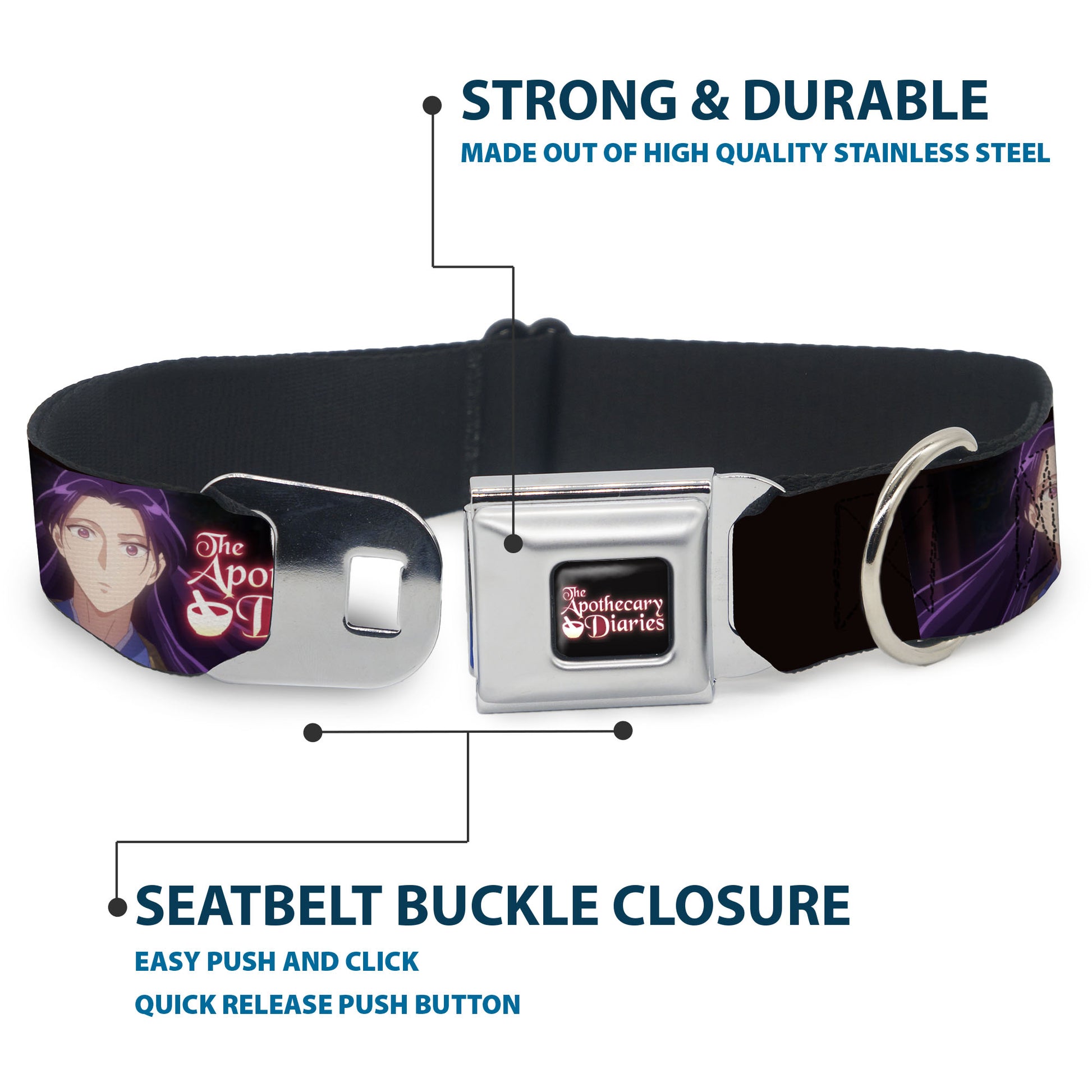 THE APOTHECARY DIARIES Title Logo Full Color Black/Red/White Seatbelt Buckle Collar - THE APOTHECARY DIARIES Jinshi Pose and Title Logo Black Seatbelt Buckle Collars The Apothecary Diaries