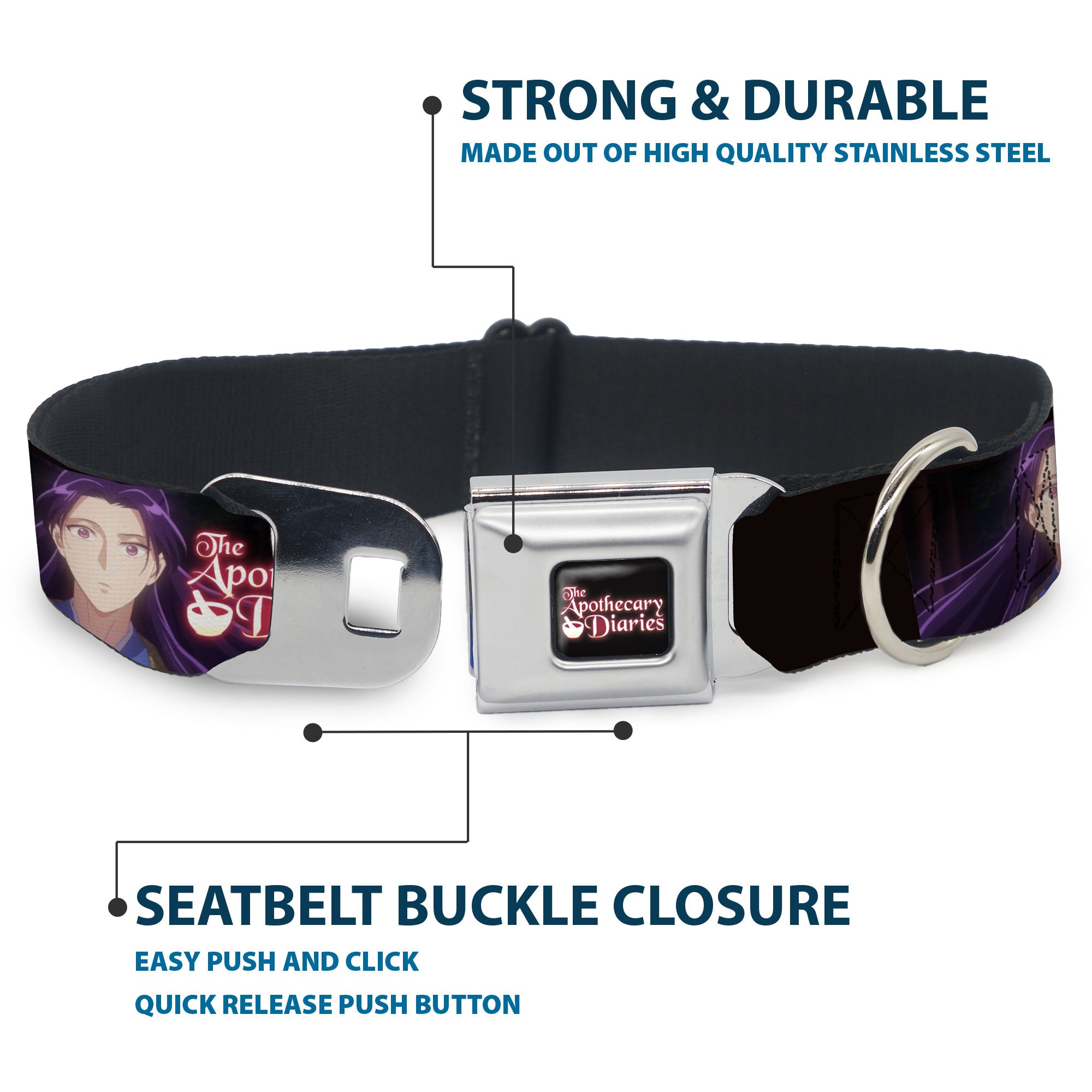 THE APOTHECARY DIARIES Title Logo Full Color Black/Red/White Seatbelt Buckle Collar - THE APOTHECARY DIARIES Jinshi Pose and Title Logo Black Seatbelt Buckle Collars The Apothecary Diaries