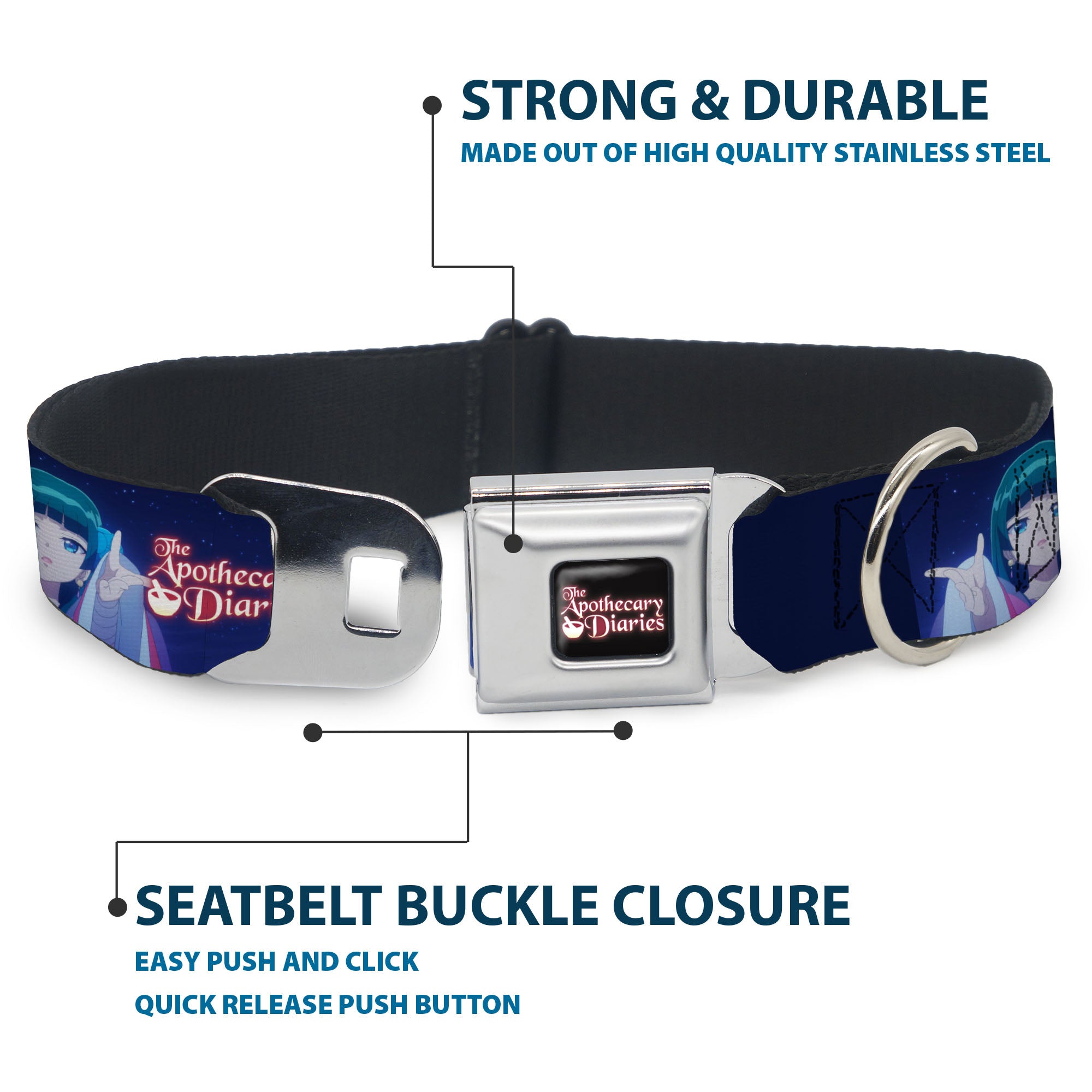 THE APOTHECARY DIARIES Title Logo Full Color Black/Red/White Seatbelt Buckle Collar - THE APOTHECARY DIARIES Maomao Hands Out Pose and Title Logo Purples Seatbelt Buckle Collars The Apothecary Diaries