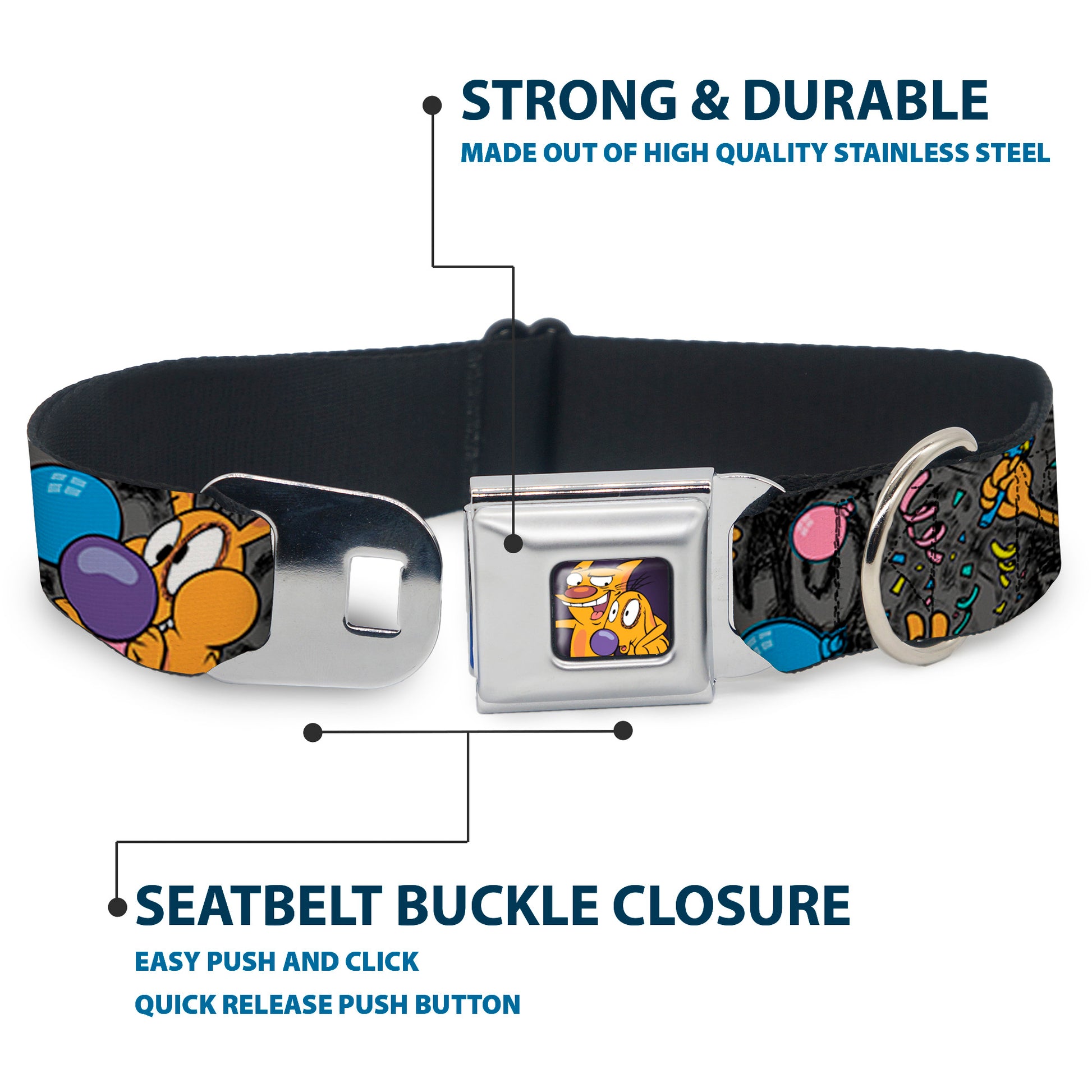Dog & Cat Pose Full Color Seatbelt Buckle Collar - CatDog Party/Balloons/CATDOG Logo Gray/Black/Multi Color Seatbelt Buckle Collars CatDog