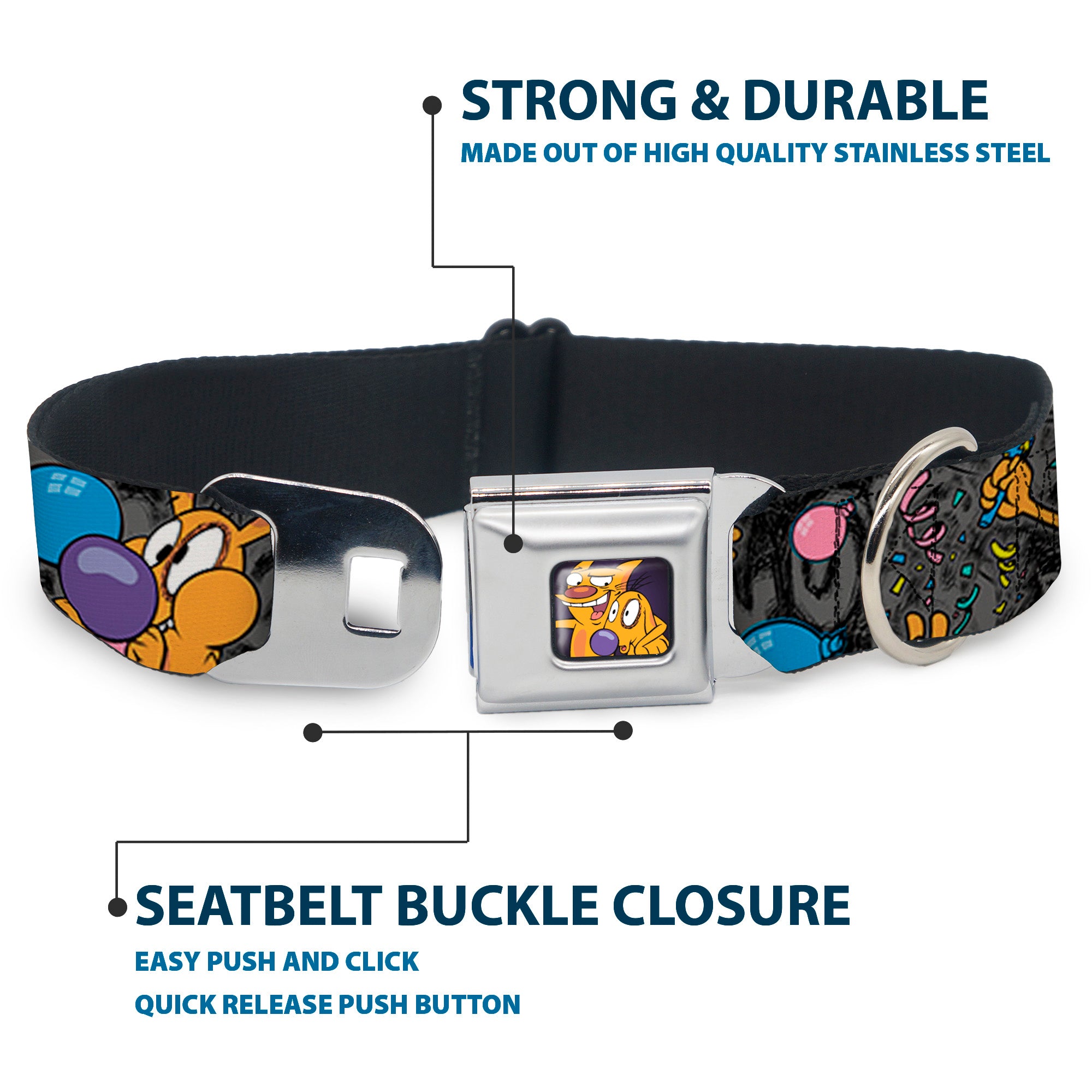 Dog & Cat Pose Full Color Seatbelt Buckle Collar - CatDog Party/Balloons/CATDOG Logo Gray/Black/Multi Color Seatbelt Buckle Collars CatDog