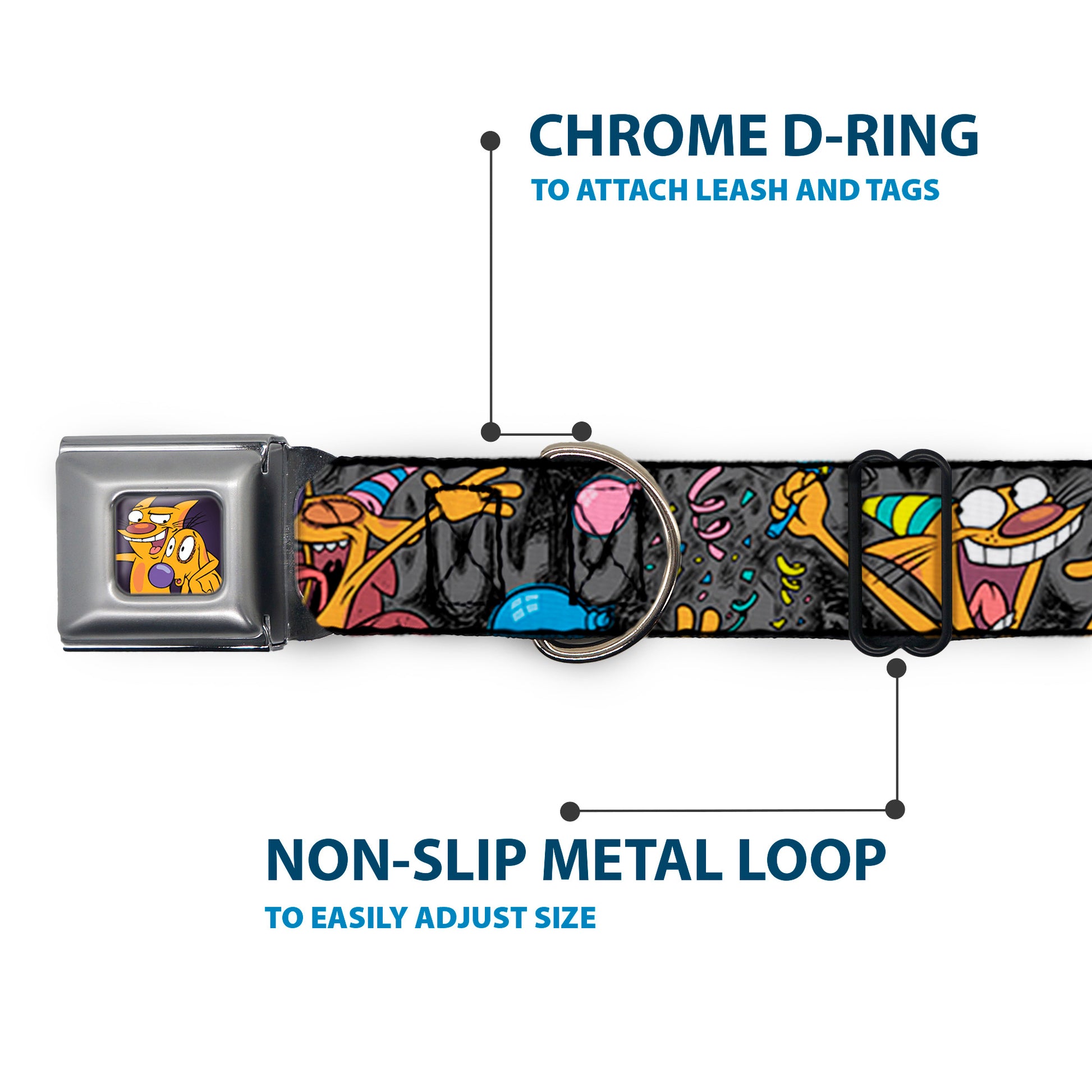 Dog & Cat Pose Full Color Seatbelt Buckle Collar - CatDog Party/Balloons/CATDOG Logo Gray/Black/Multi Color Seatbelt Buckle Collars CatDog