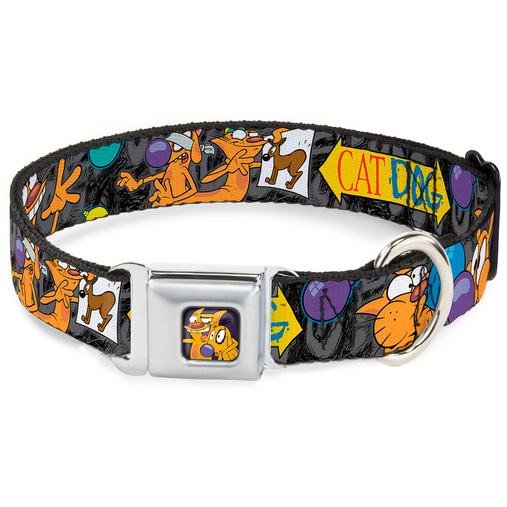 Dog & Cat Pose Full Color Seatbelt Buckle Collar - CatDog Party/Balloons/CATDOG Logo Gray/Black/Multi Color Seatbelt Buckle Collars CatDog