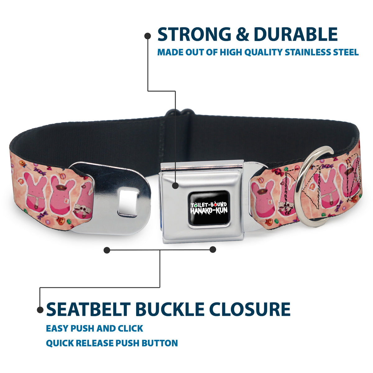TOILET-BOUND HANAKO-KUN Title Logo Full Color Black Seatbelt Buckle Collar - Toilet-Bound Hanako-Kun Mokke Cosplay Poses Pinks Dog Collars Seatbelt Buckle Toilet-Bound Hanako-Kun