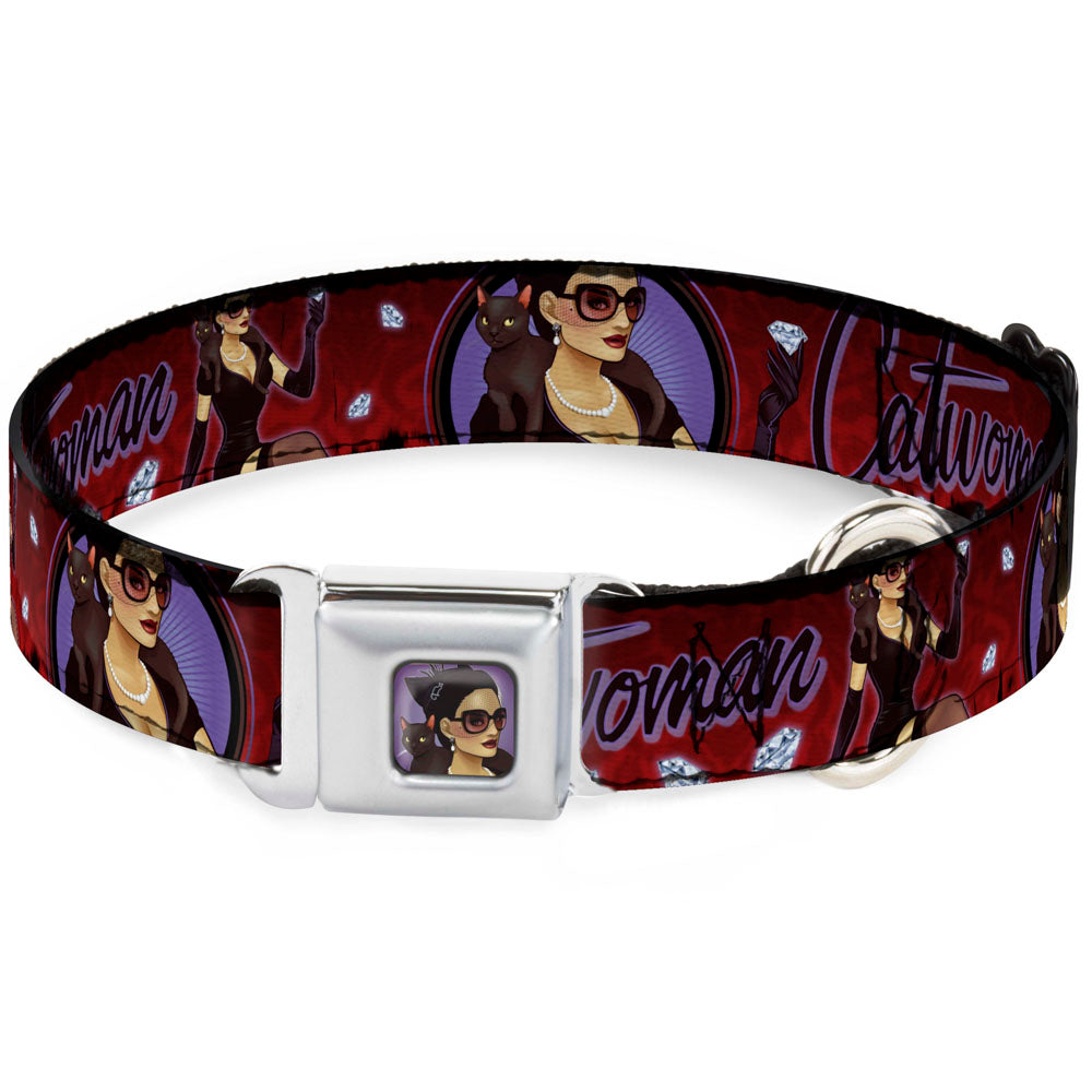 CATWOMAN Bombshell Face CLOSE-UP Red Seatbelt Buckle Collar - CATWOMAN Bombshell Pose/Diamonds Red/Purple/Black Seatbelt Buckle Collars DC Comics
