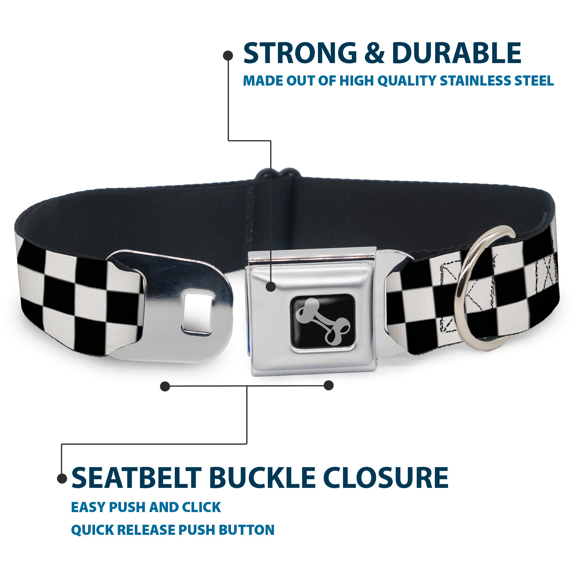 Black and White Checkered Dog Bone Seatbelt Buckle Collar Seatbelt Buckle Collars Buckle-Down