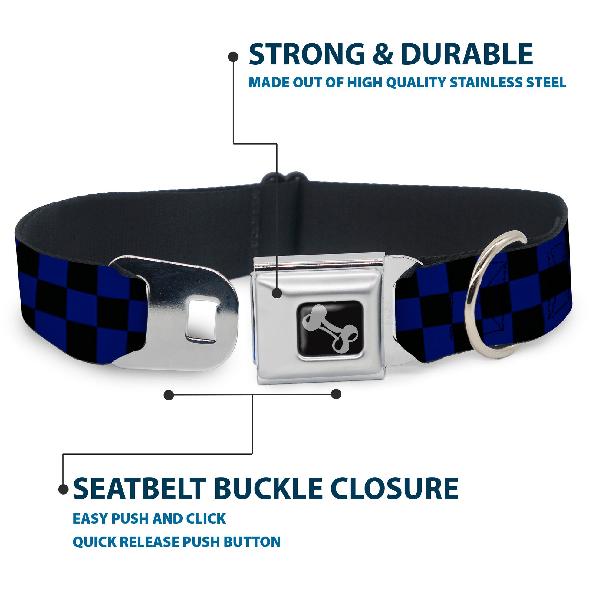 Dog Bone Seatbelt Buckle Collar - Checker Black/Blue Seatbelt Buckle Collars Buckle-Down