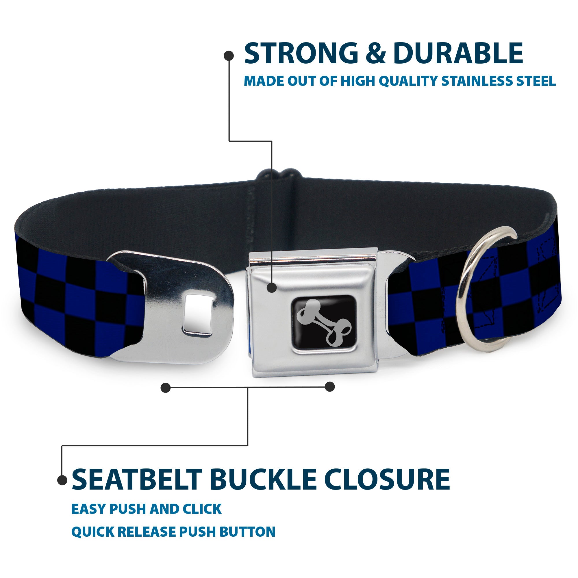 Dog Bone Seatbelt Buckle Collar - Checker Black/Blue Seatbelt Buckle Collars Buckle-Down