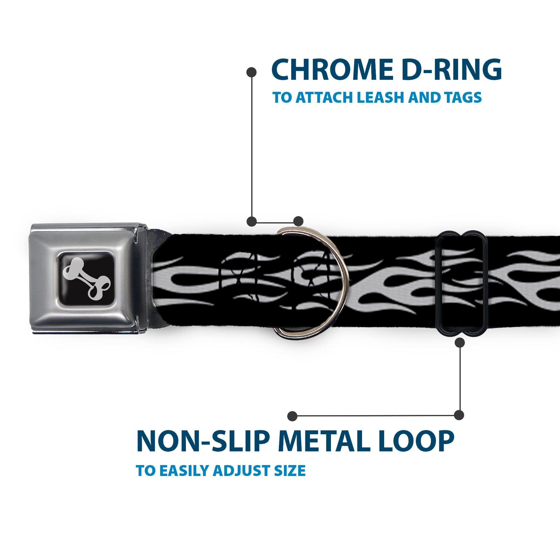 Dog Bone Seatbelt Buckle Collar - Flame Silver Seatbelt Buckle Collars Buckle-Down