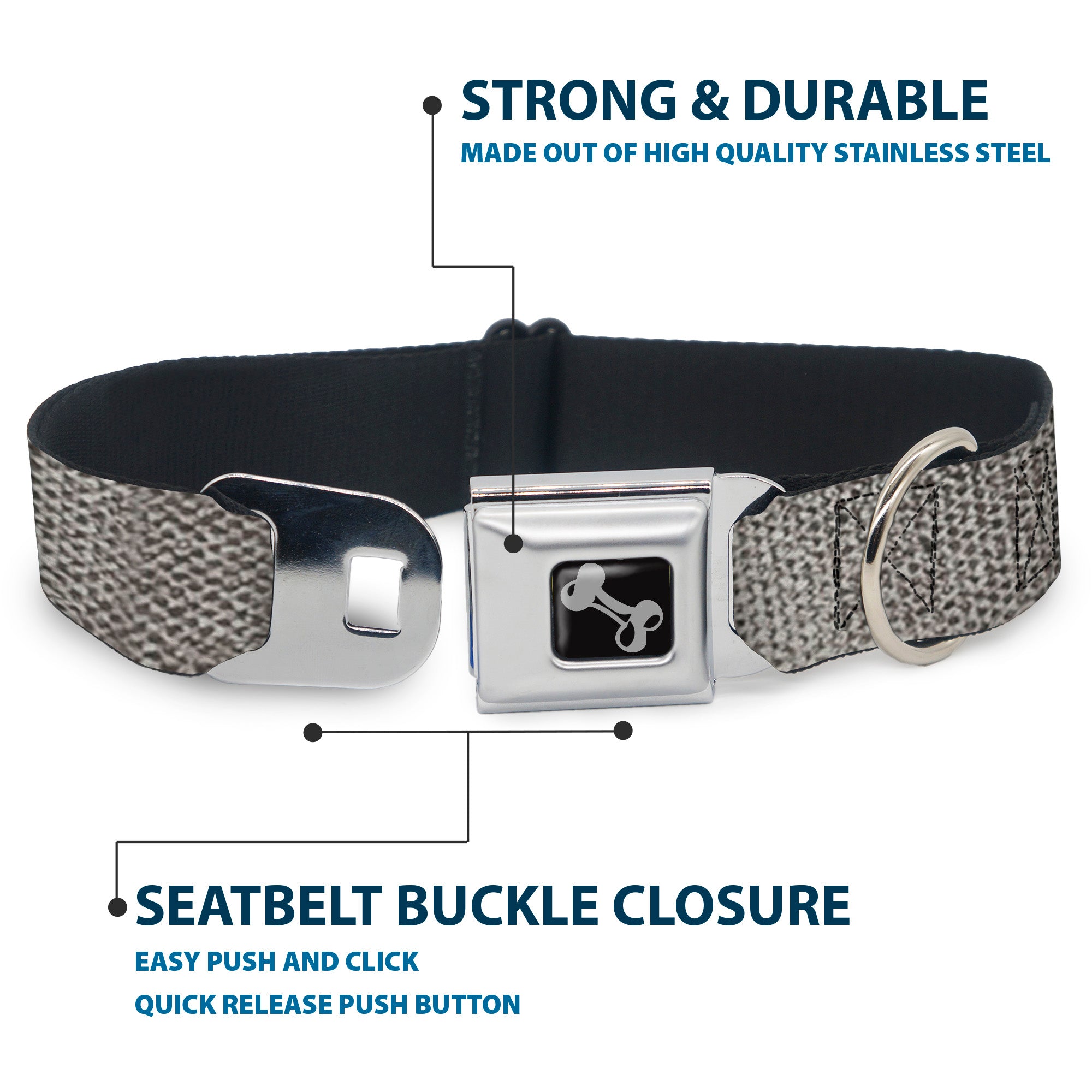 Dog Bone Black/Silver Seatbelt Buckle Collar - Metallic Silver Seatbelt Buckle Collars Buckle-Down