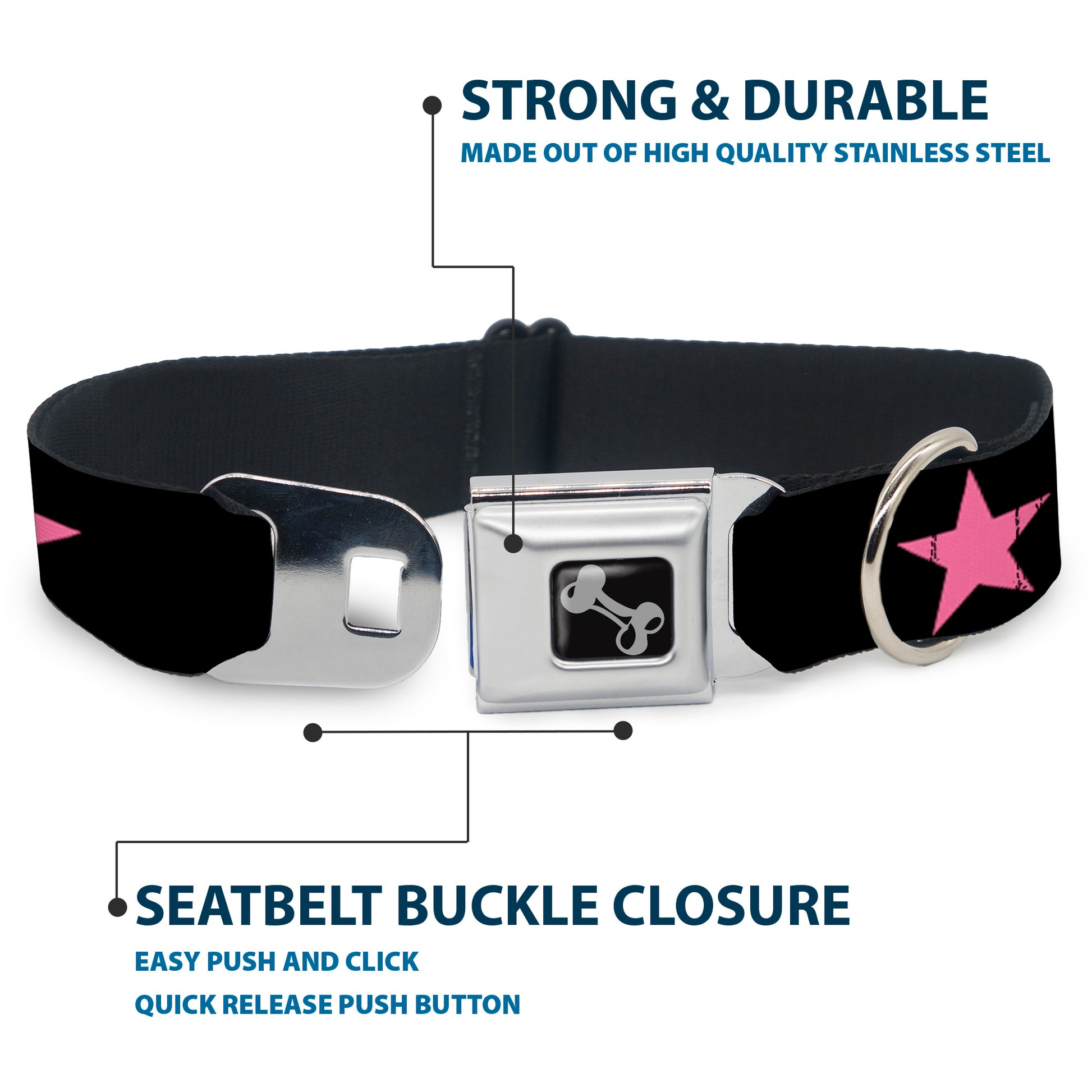 Dog Bone Seatbelt Buckle Collar - Star Black/Pink Seatbelt Buckle Collars Buckle-Down