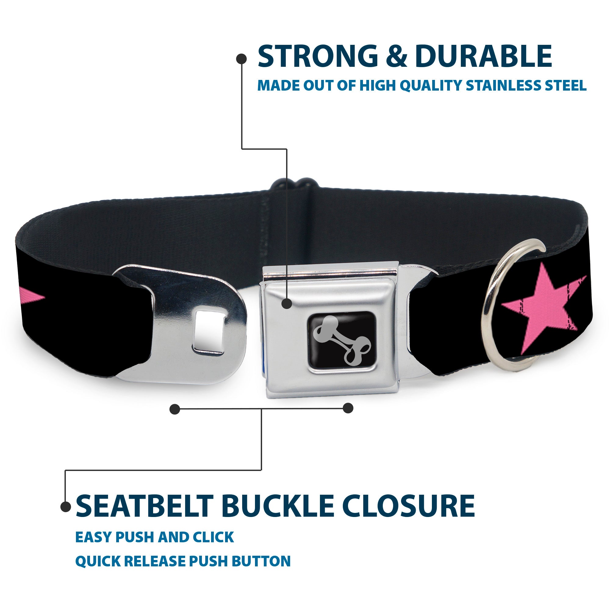 Dog Bone Seatbelt Buckle Collar - Star Black/Pink Seatbelt Buckle Collars Buckle-Down