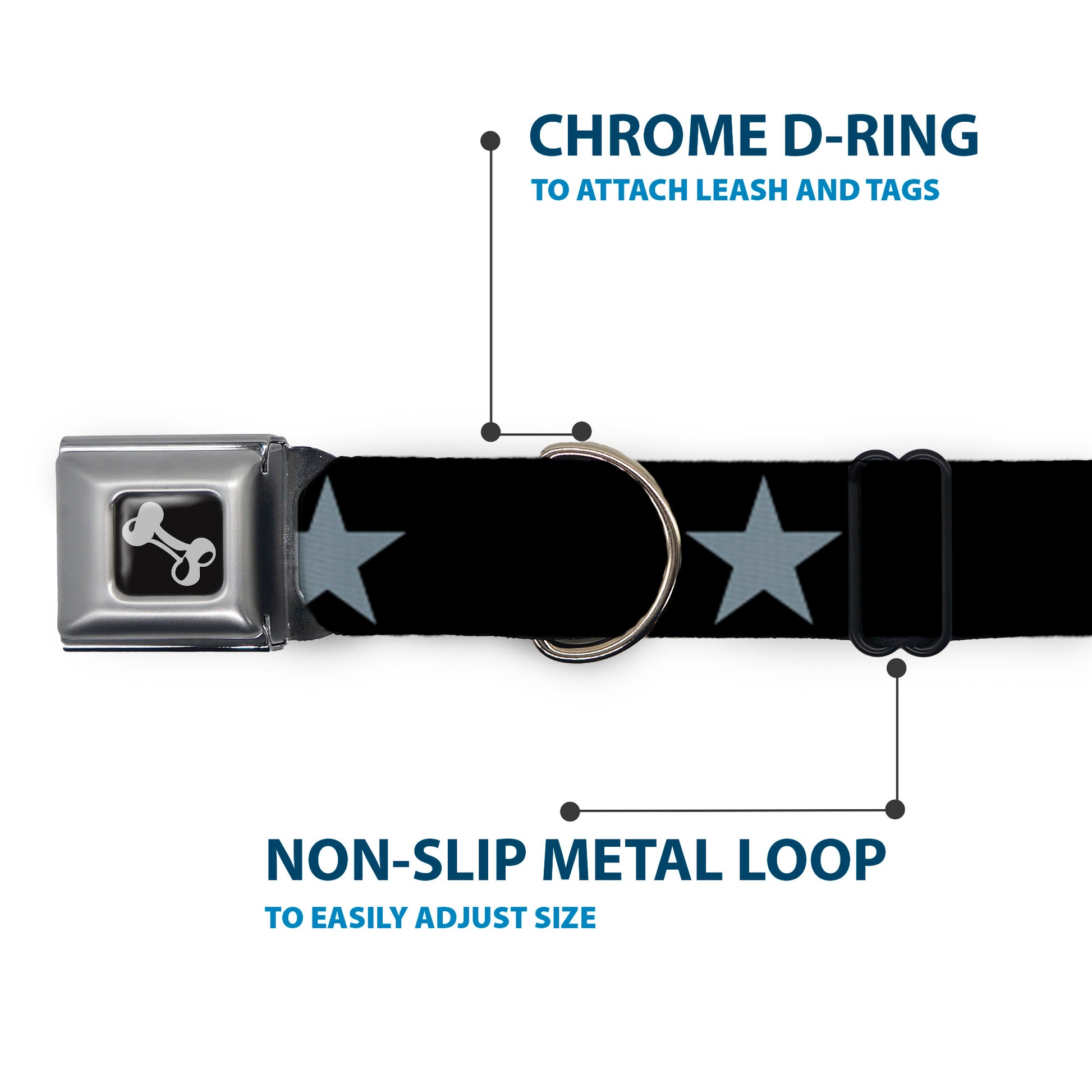 Dog Bone Seatbelt Buckle Collar - Star Black/Silver Seatbelt Buckle Collars Buckle-Down