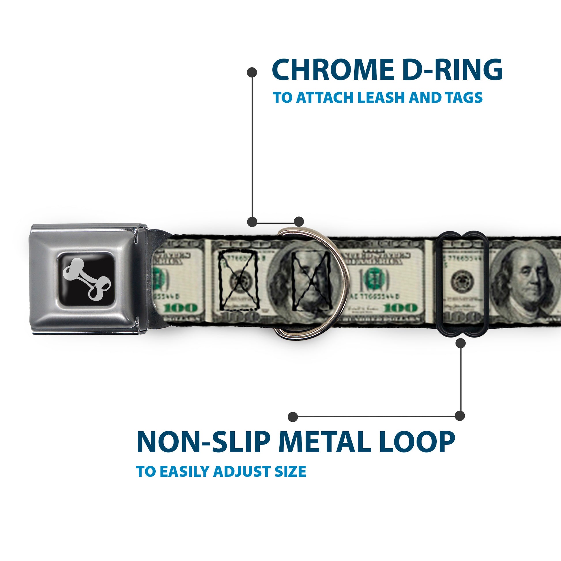 Dog Bone Seatbelt Buckle Collar - 100 Dollar Bills Seatbelt Buckle Collars Buckle-Down