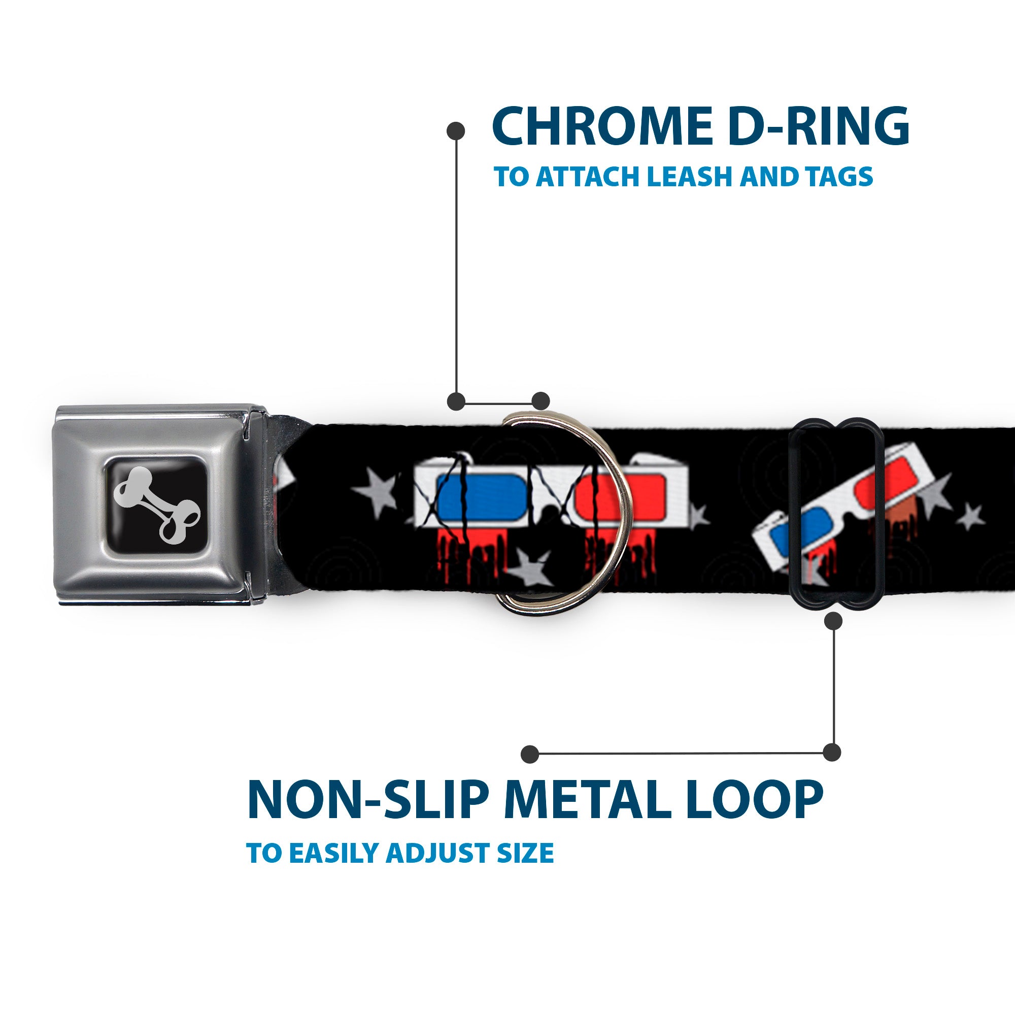 Dog Bone Seatbelt Buckle Collar - 3-D Glasses Dripping w/Stars Seatbelt Buckle Collars Buckle-Down