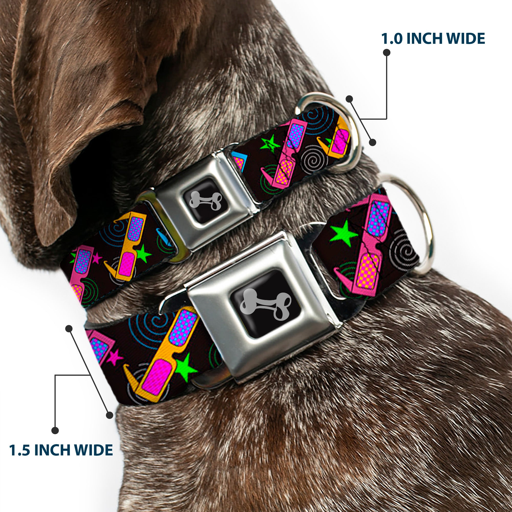 Dog Bone Seatbelt Buckle Collar - 3-D Glasses w/Stars Multi Color Seatbelt Buckle Collars Buckle-Down