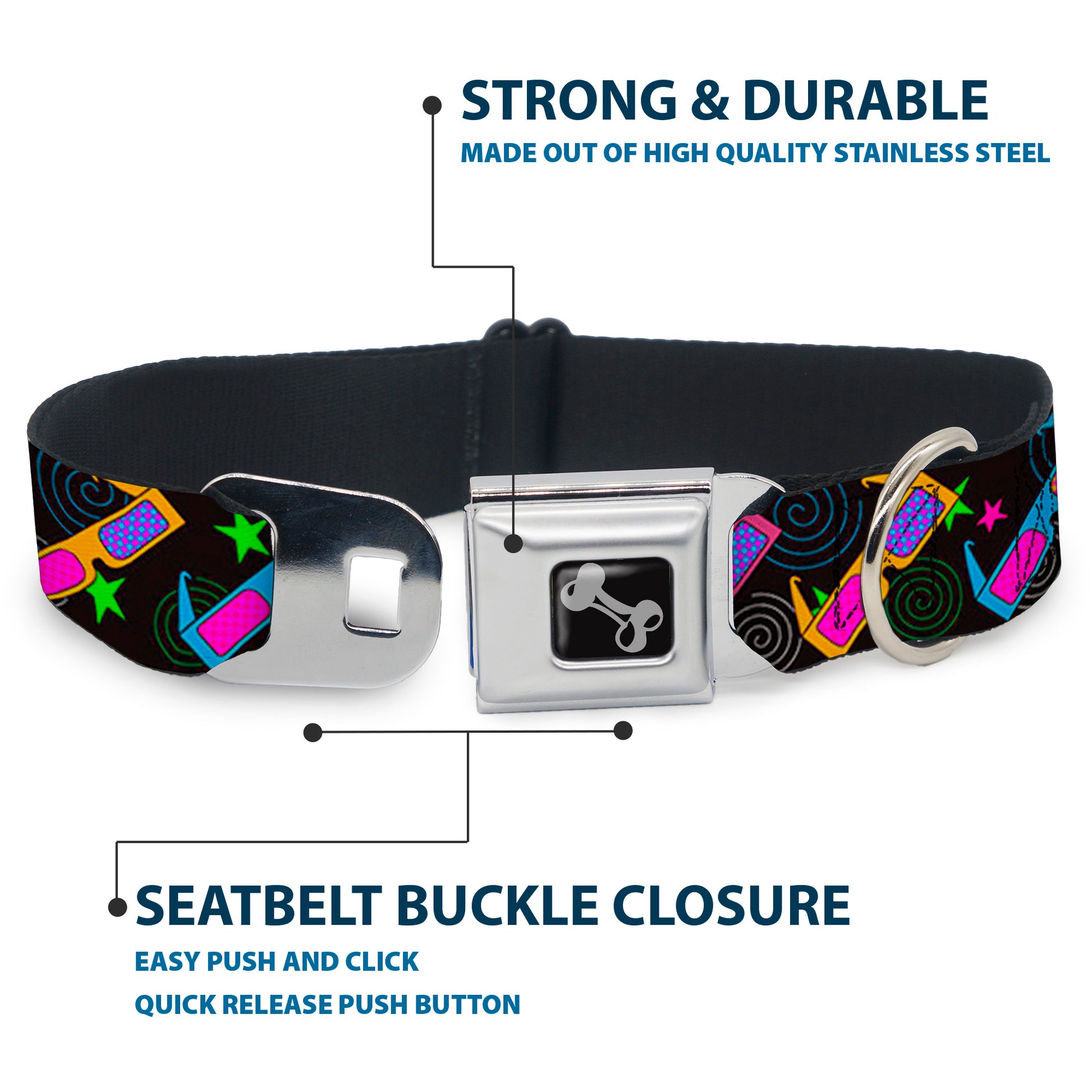Dog Bone Seatbelt Buckle Collar - 3-D Glasses w/Stars Multi Color Seatbelt Buckle Collars Buckle-Down