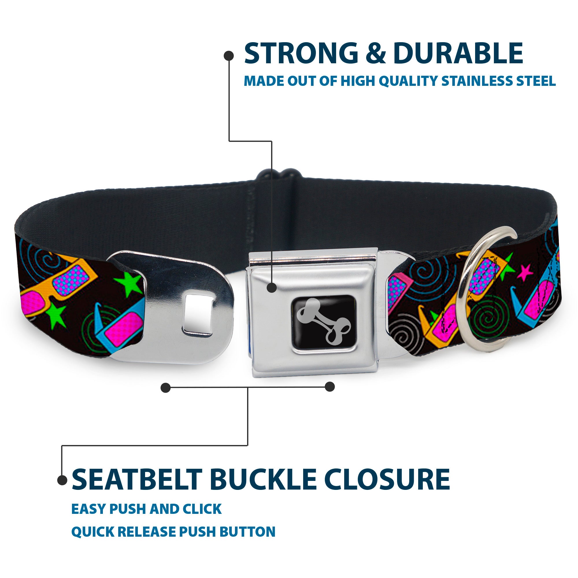 Dog Bone Seatbelt Buckle Collar - 3-D Glasses w/Stars Multi Color Seatbelt Buckle Collars Buckle-Down