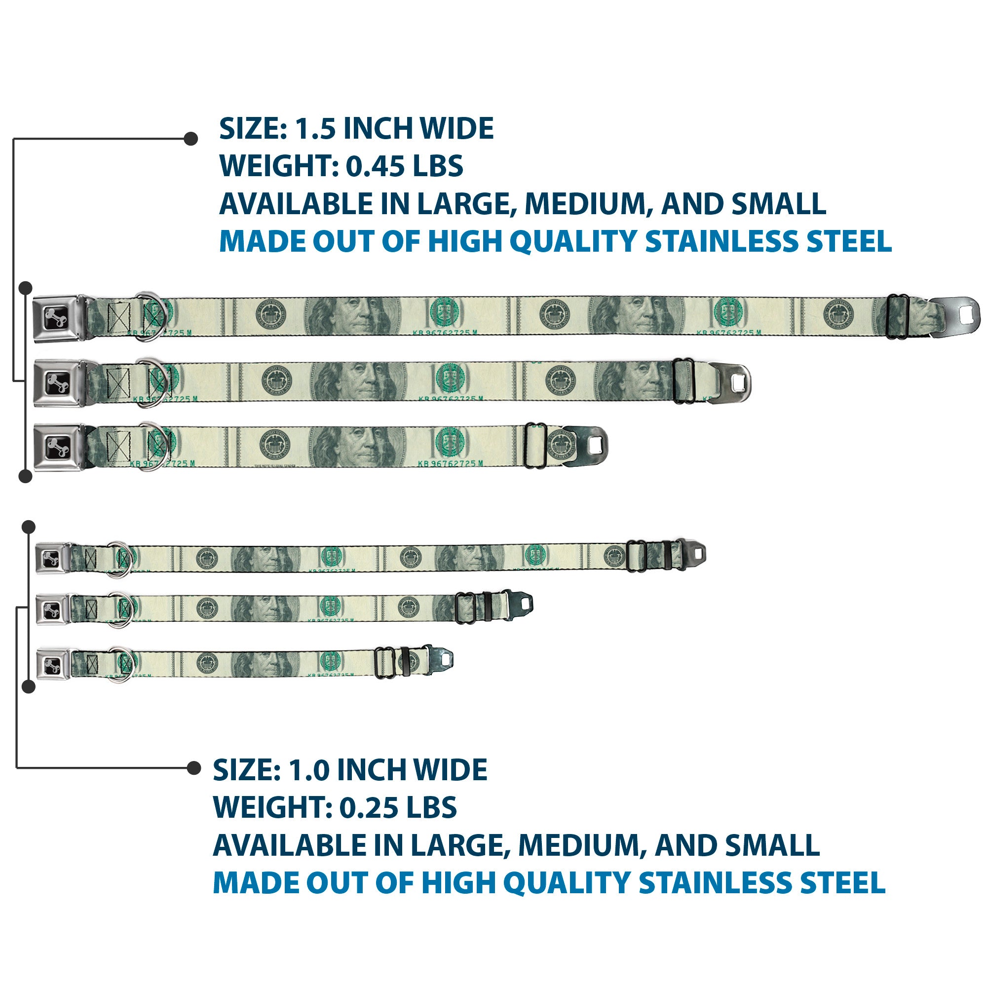 Dog Bone Seatbelt Buckle Collar - 100 Dollar Bill CLOSE-UP Seatbelt Buckle Collars Buckle-Down