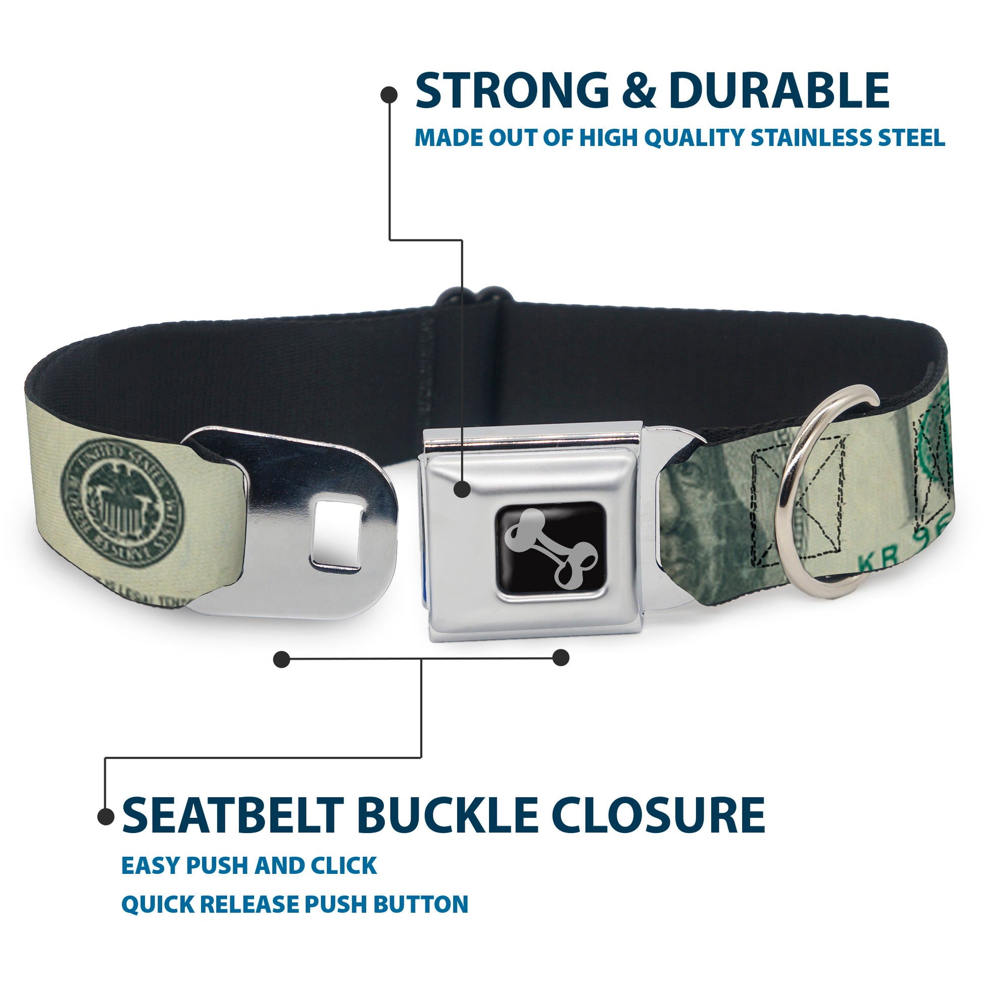 Dog Bone Seatbelt Buckle Collar - 100 Dollar Bill CLOSE-UP Seatbelt Buckle Collars Buckle-Down