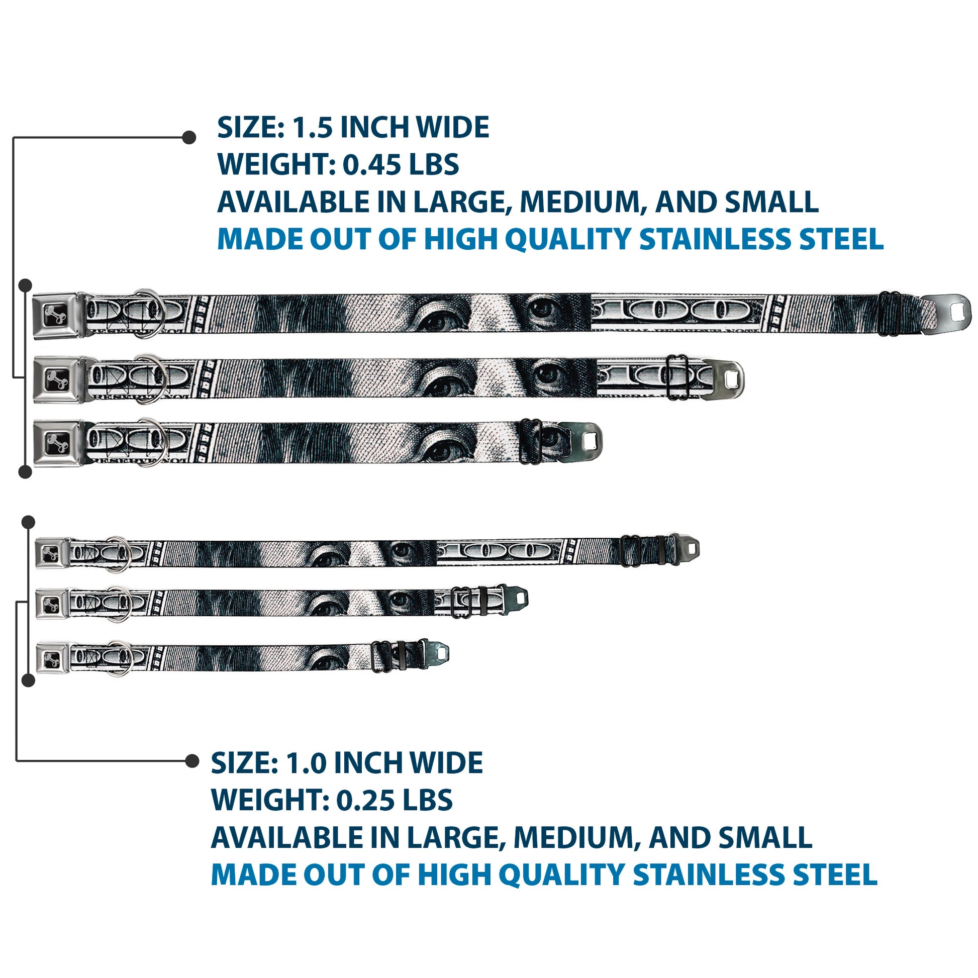 Dog Bone Seatbelt Buckle Collar - 100 Dollar Bill CLOSE-UP White/Black Seatbelt Buckle Collars Buckle-Down