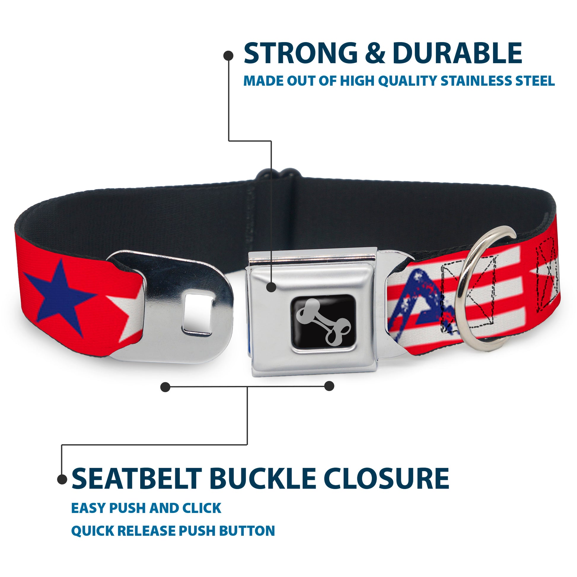 Dog Bone Seatbelt Buckle Collar - 'MERICA Stripes/Stars Red/White/Blue Seatbelt Buckle Collars Buckle-Down