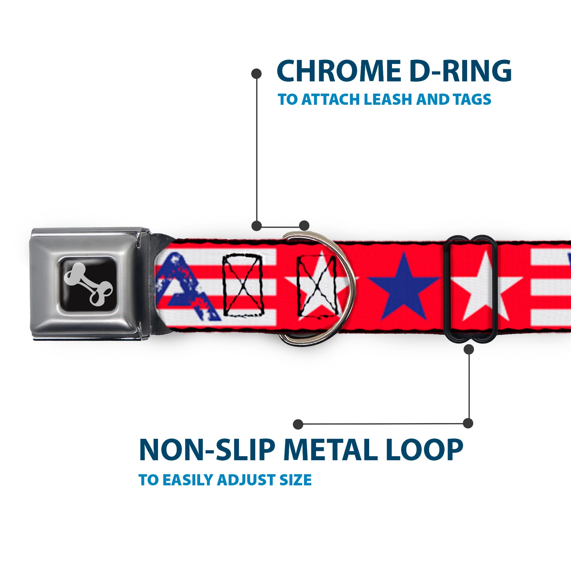 Dog Bone Seatbelt Buckle Collar - 'MERICA Stripes/Stars Red/White/Blue Seatbelt Buckle Collars Buckle-Down