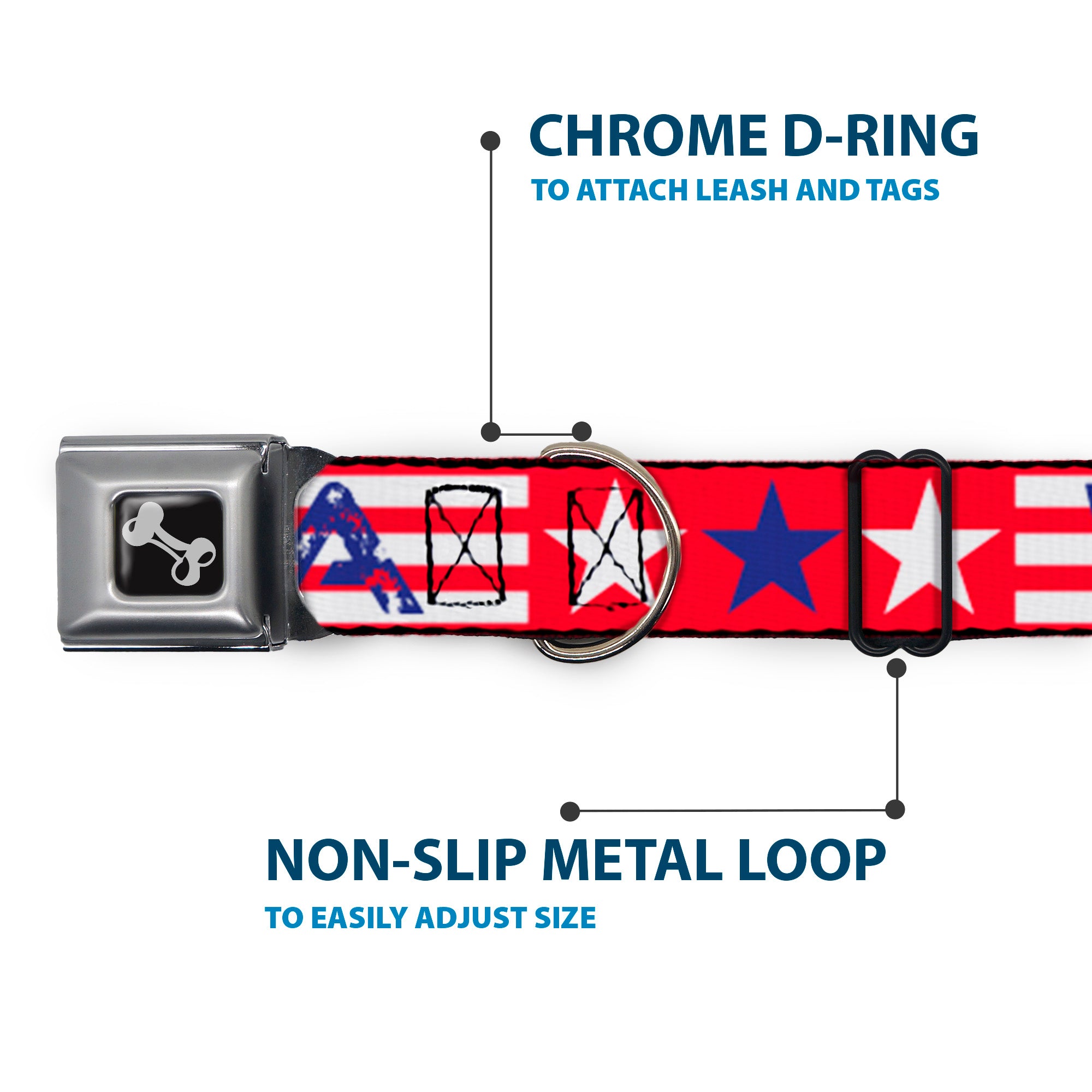Dog Bone Seatbelt Buckle Collar - 'MERICA Stripes/Stars Red/White/Blue Seatbelt Buckle Collars Buckle-Down