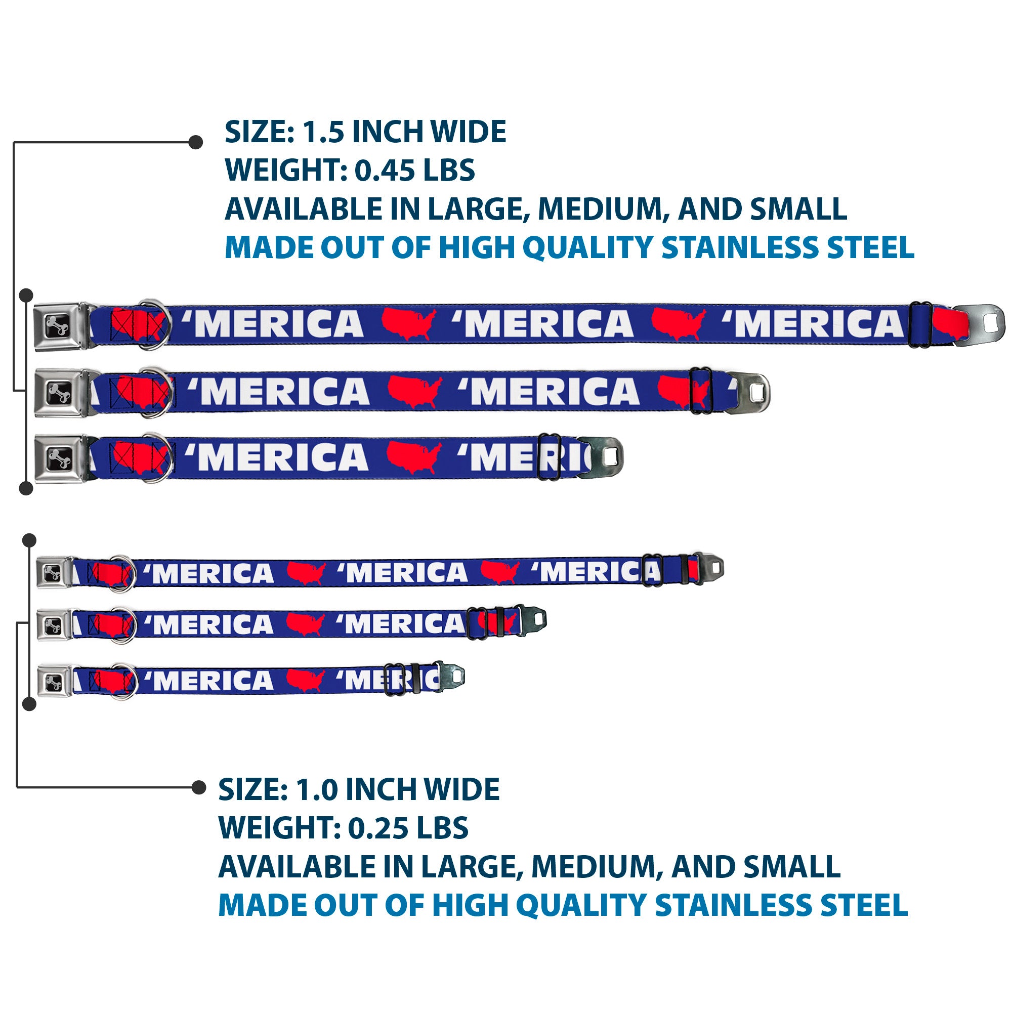 Dog Bone Seatbelt Buckle Collar - 'MERICA/USA Silhouette Blue/White/Red Seatbelt Buckle Collars Buckle-Down