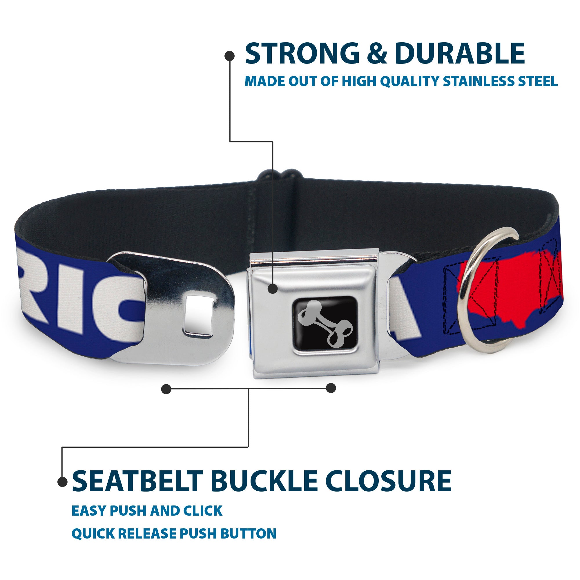 Dog Bone Seatbelt Buckle Collar - 'MERICA/USA Silhouette Blue/White/Red Seatbelt Buckle Collars Buckle-Down