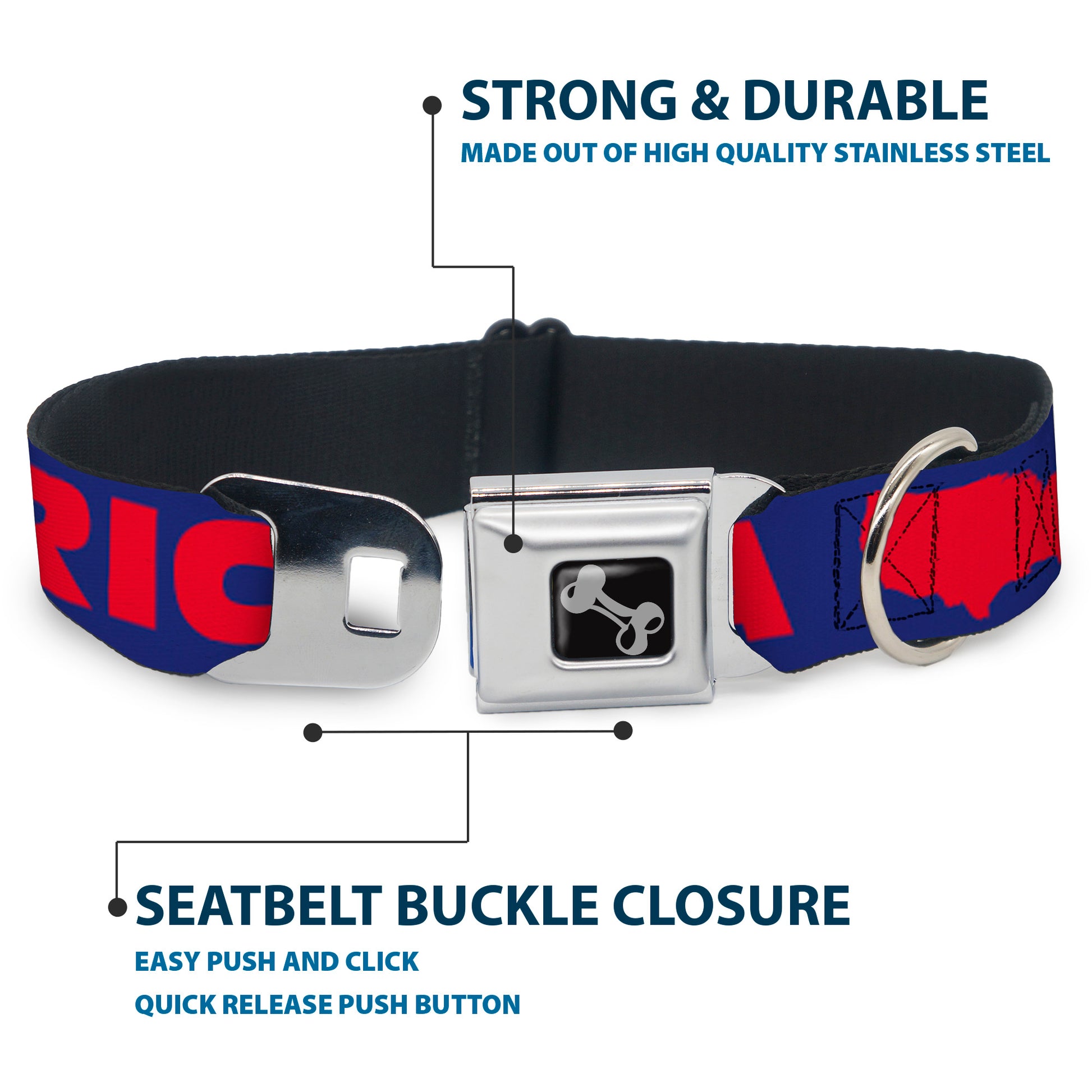 Dog Bone Seatbelt Buckle Collar - 'MERICA/USA Silhouette Blue/Red Seatbelt Buckle Collars Buckle-Down