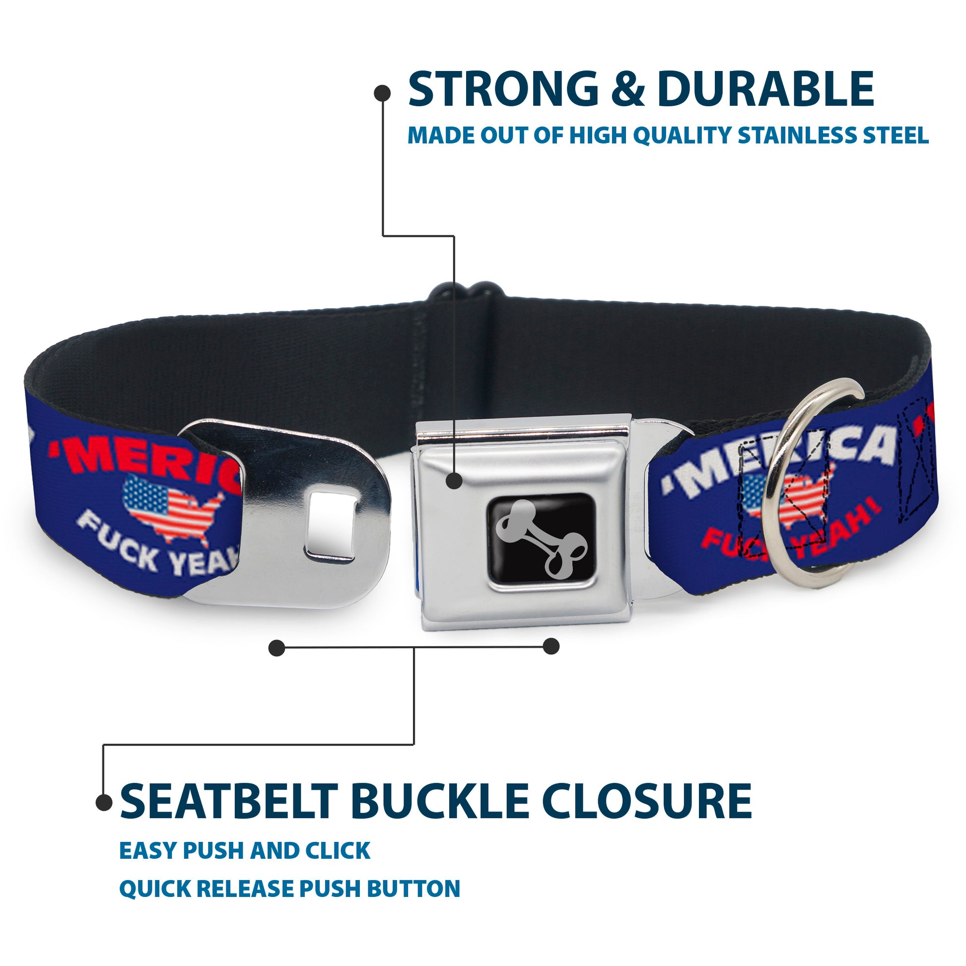 Dog Bone Seatbelt Buckle Collar - 'MERICA FUCK YEAH!/USA Silhouette Blue/White/Red/US Flag Seatbelt Buckle Collars Buckle-Down
