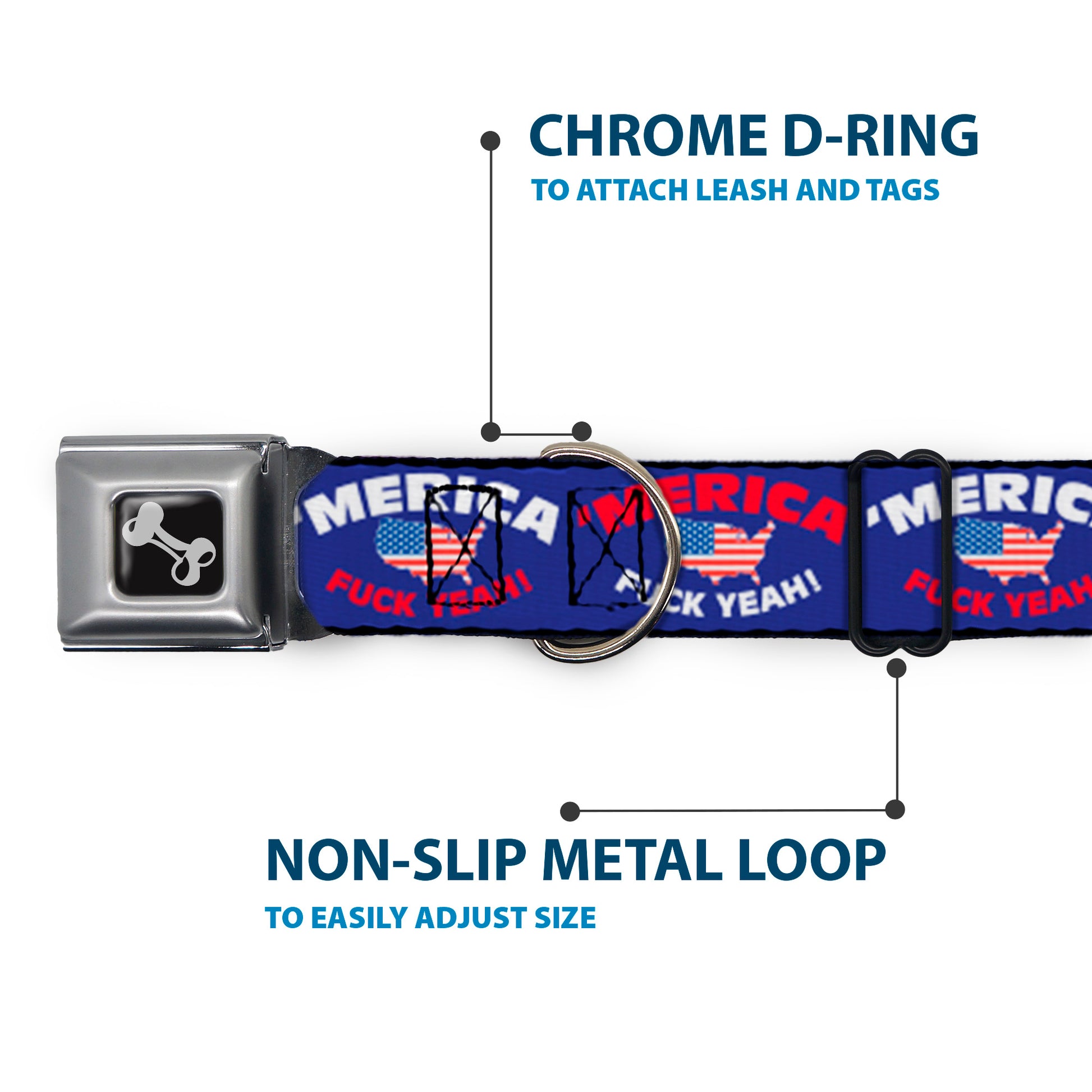 Dog Bone Seatbelt Buckle Collar - 'MERICA FUCK YEAH!/USA Silhouette Blue/White/Red/US Flag Seatbelt Buckle Collars Buckle-Down