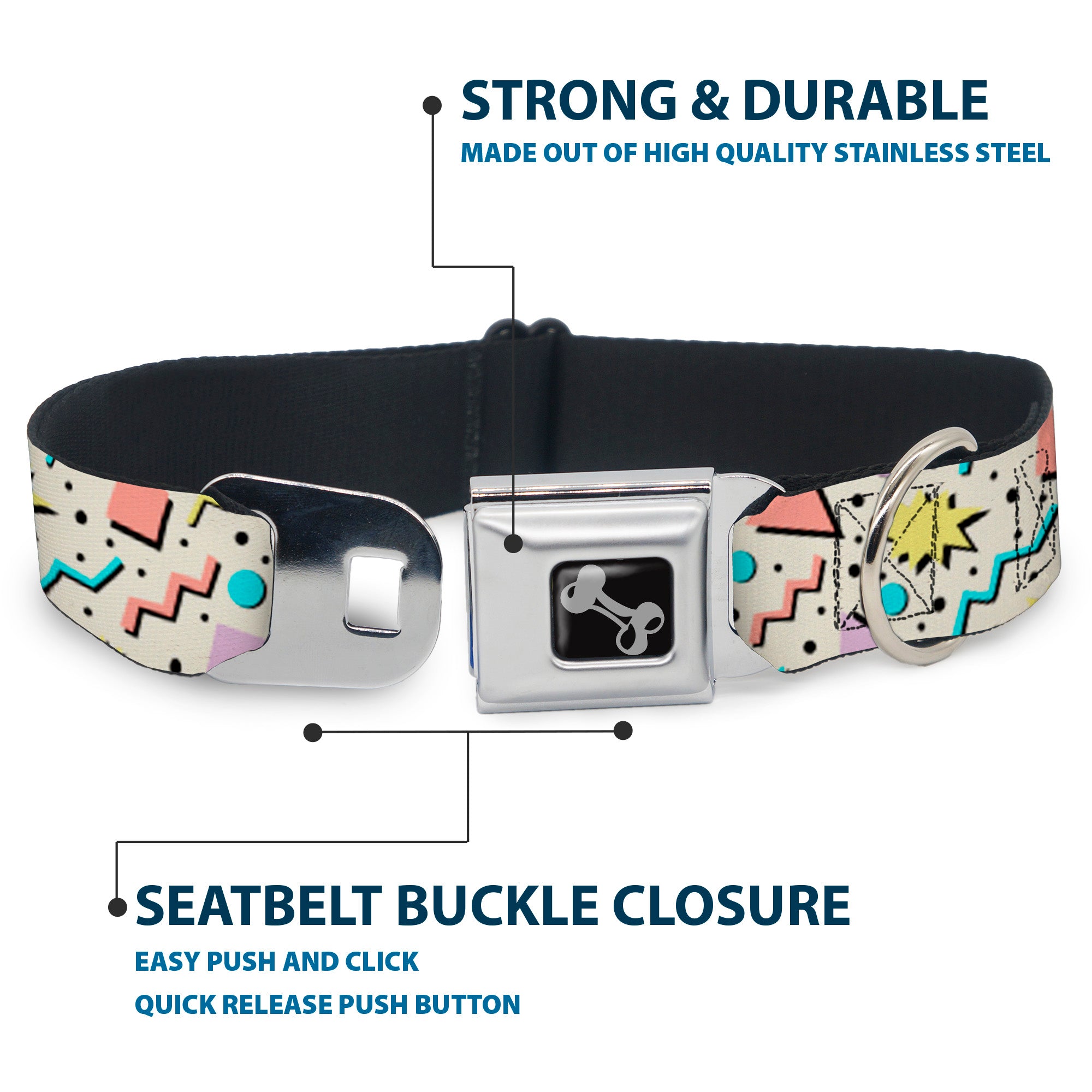 Dog Bone Black/Silver Seatbelt Buckle Collar - 90s Nineties Grid Pattern Gray/Multi Pastel Seatbelt Buckle Collars Buckle-Down