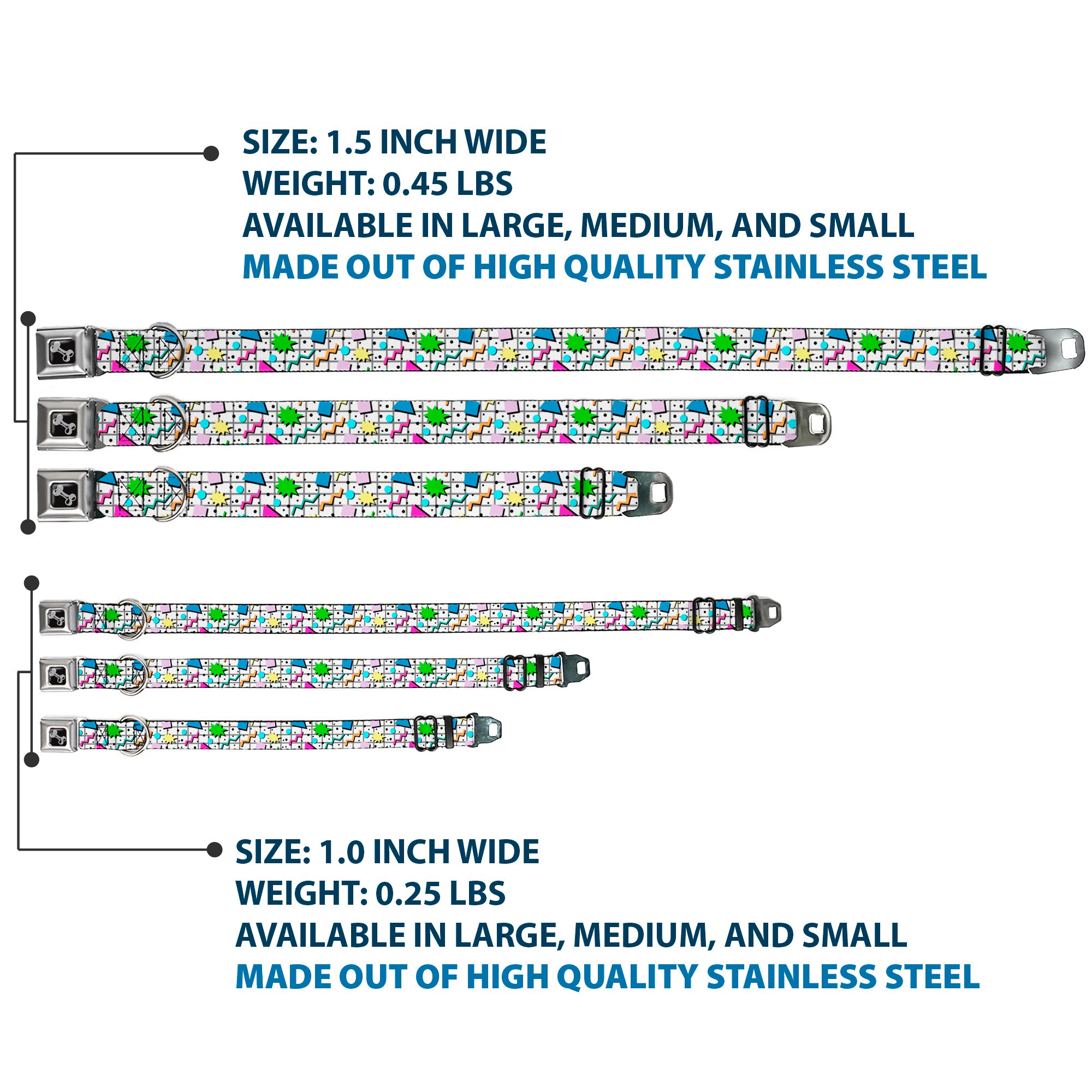 Dog Bone Black/Silver Seatbelt Buckle Collar - 90s Nineties Grid Pattern Vibrant Gray/Multi Color Seatbelt Buckle Collars Buckle-Down