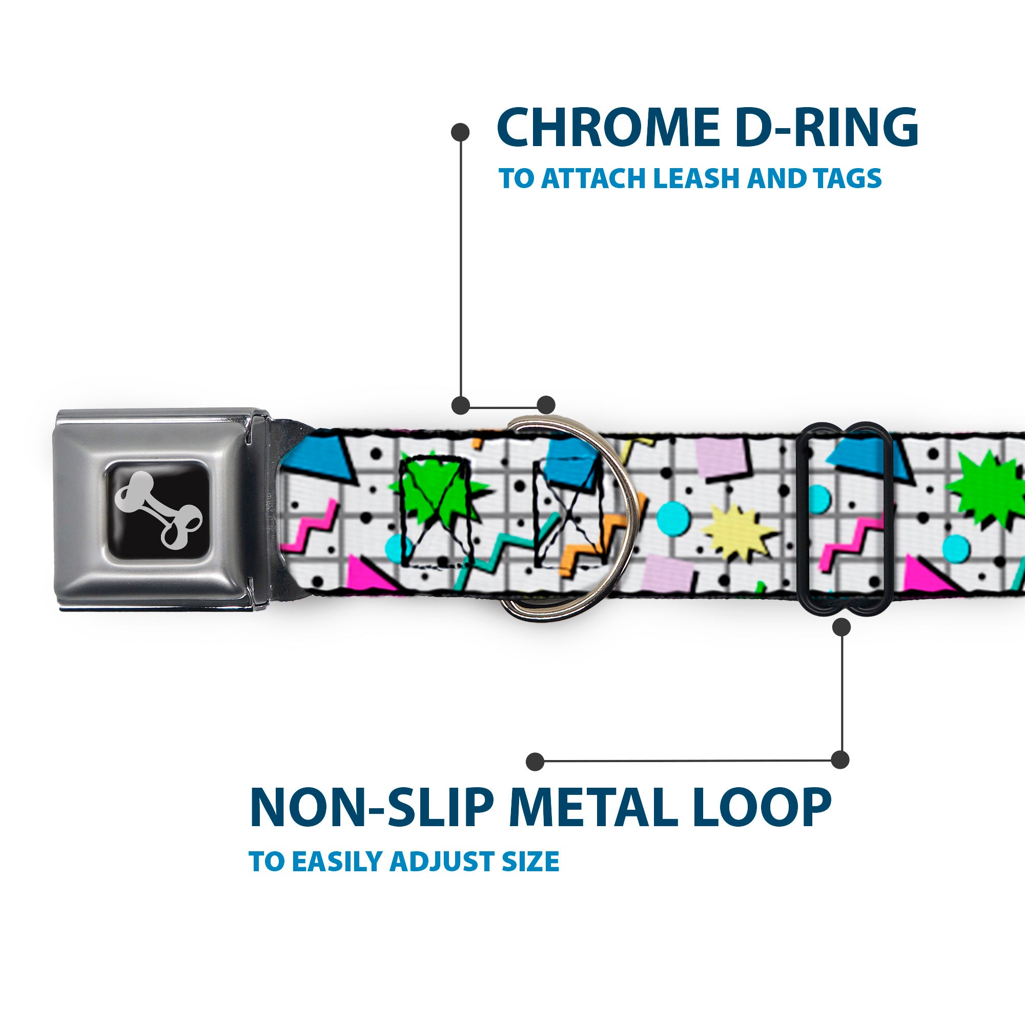 Dog Bone Black/Silver Seatbelt Buckle Collar - 90s Nineties Grid Pattern Vibrant Gray/Multi Color Seatbelt Buckle Collars Buckle-Down