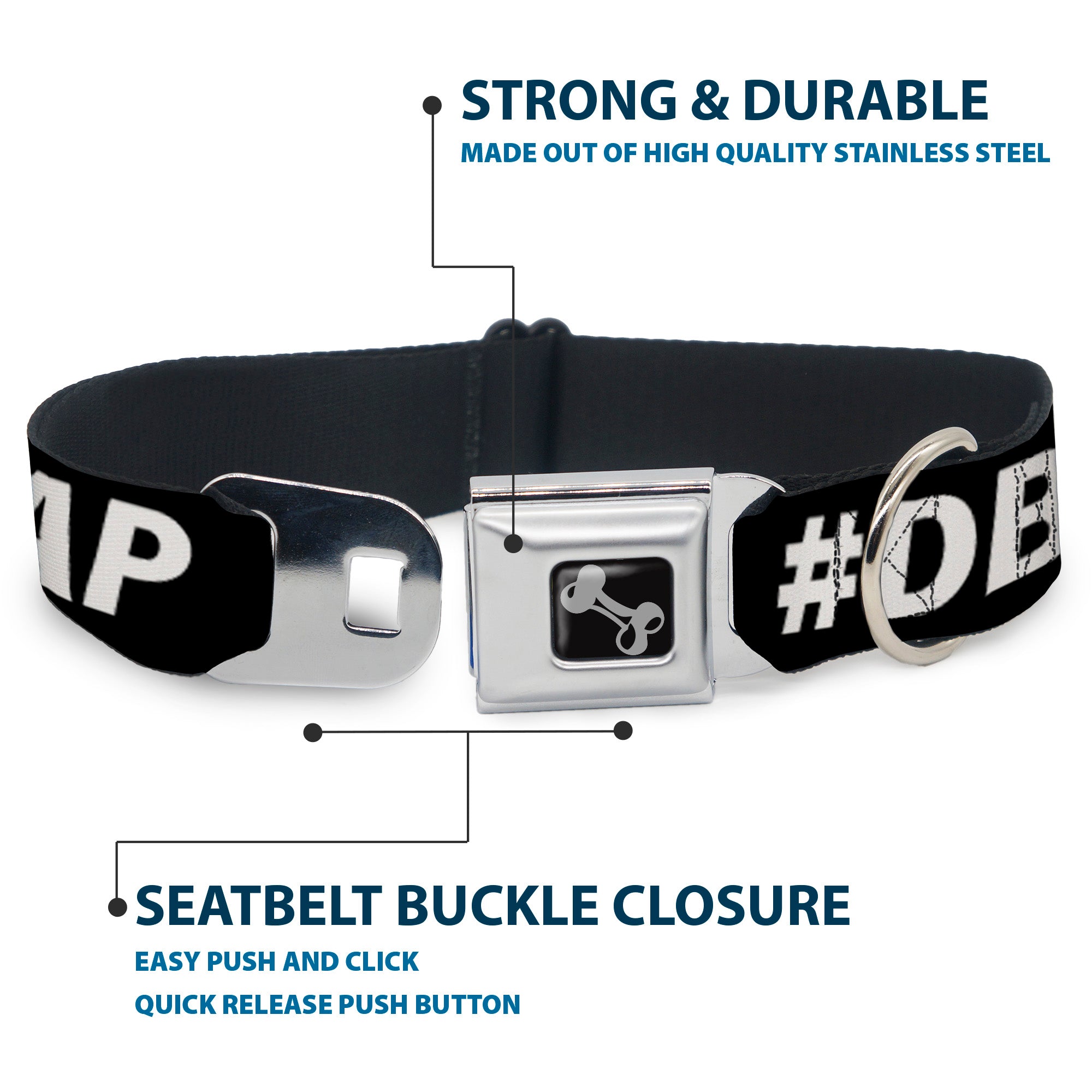 Dog Bone Black/Silver Seatbelt Buckle Collar - #DBAP Hash Tag Text Black/White Seatbelt Buckle Collars Buckle-Down