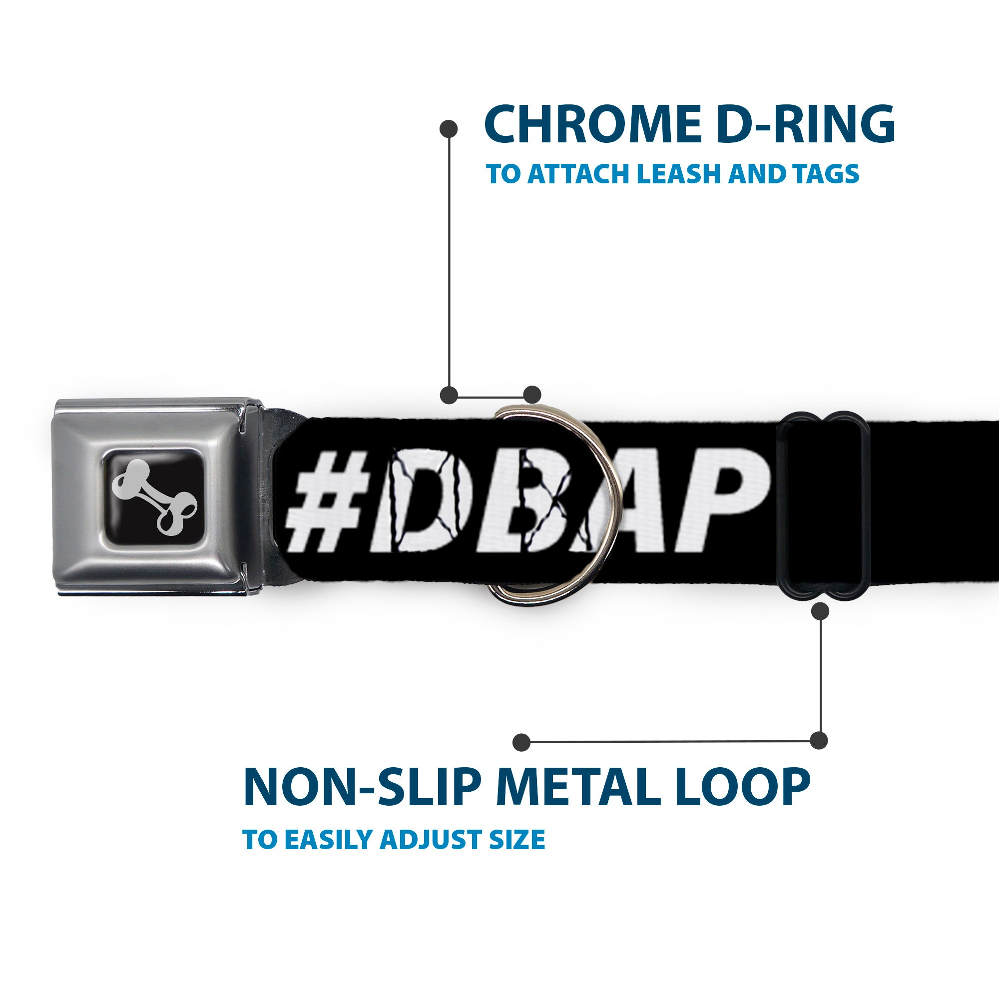 Dog Bone Black/Silver Seatbelt Buckle Collar - #DBAP Hash Tag Text Black/White Seatbelt Buckle Collars Buckle-Down