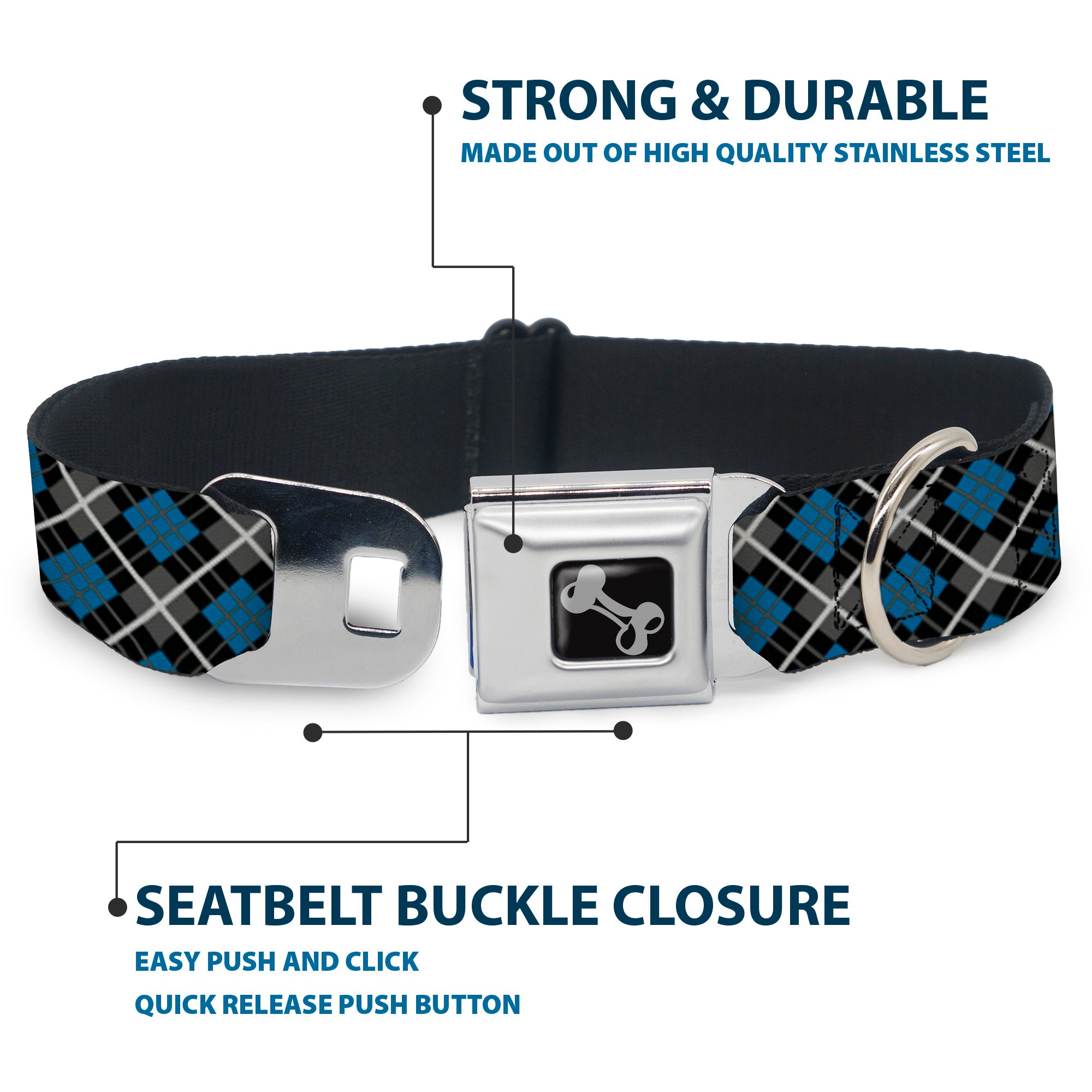 Dog Bone Seatbelt Buckle Collar - Argyle Black/Gray/Turquoise Seatbelt Buckle Collars Buckle-Down