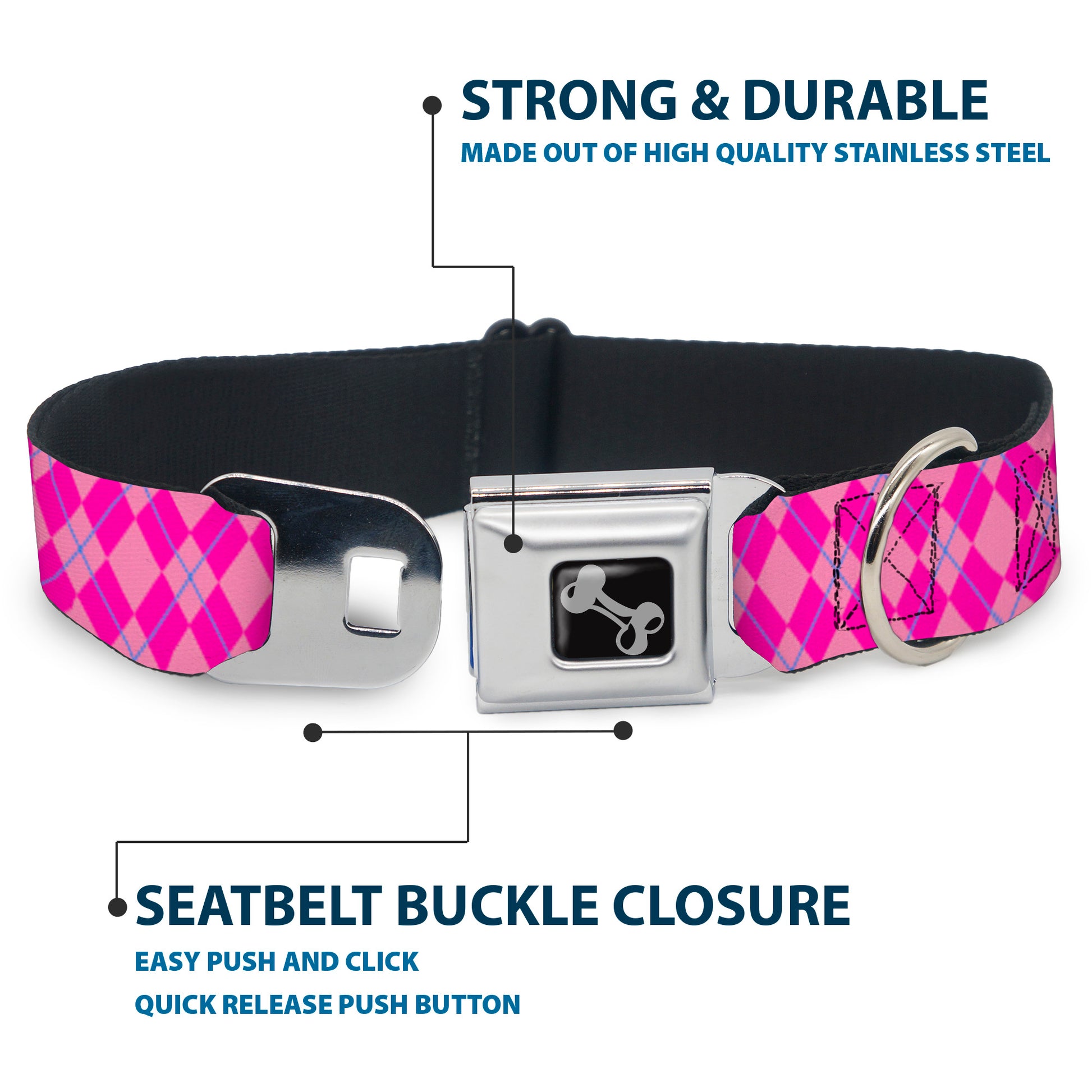 Dog Bone Seatbelt Buckle Collar - Argyle Pink/Fuchsia/Blue Seatbelt Buckle Collars Buckle-Down