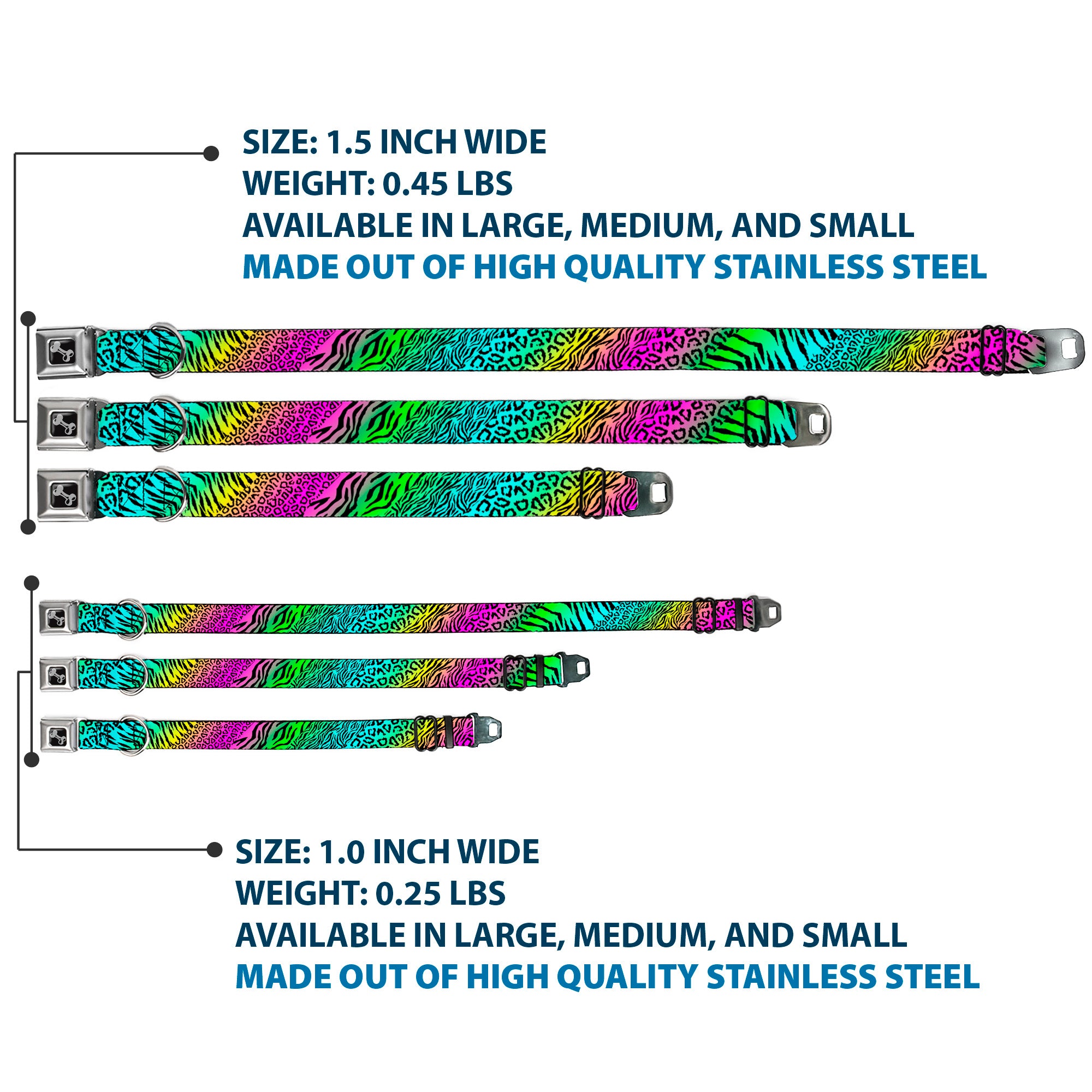 Dog Bone Seatbelt Buckle Collar - Animal Skins Rainbow/Black Seatbelt Buckle Collars Buckle-Down