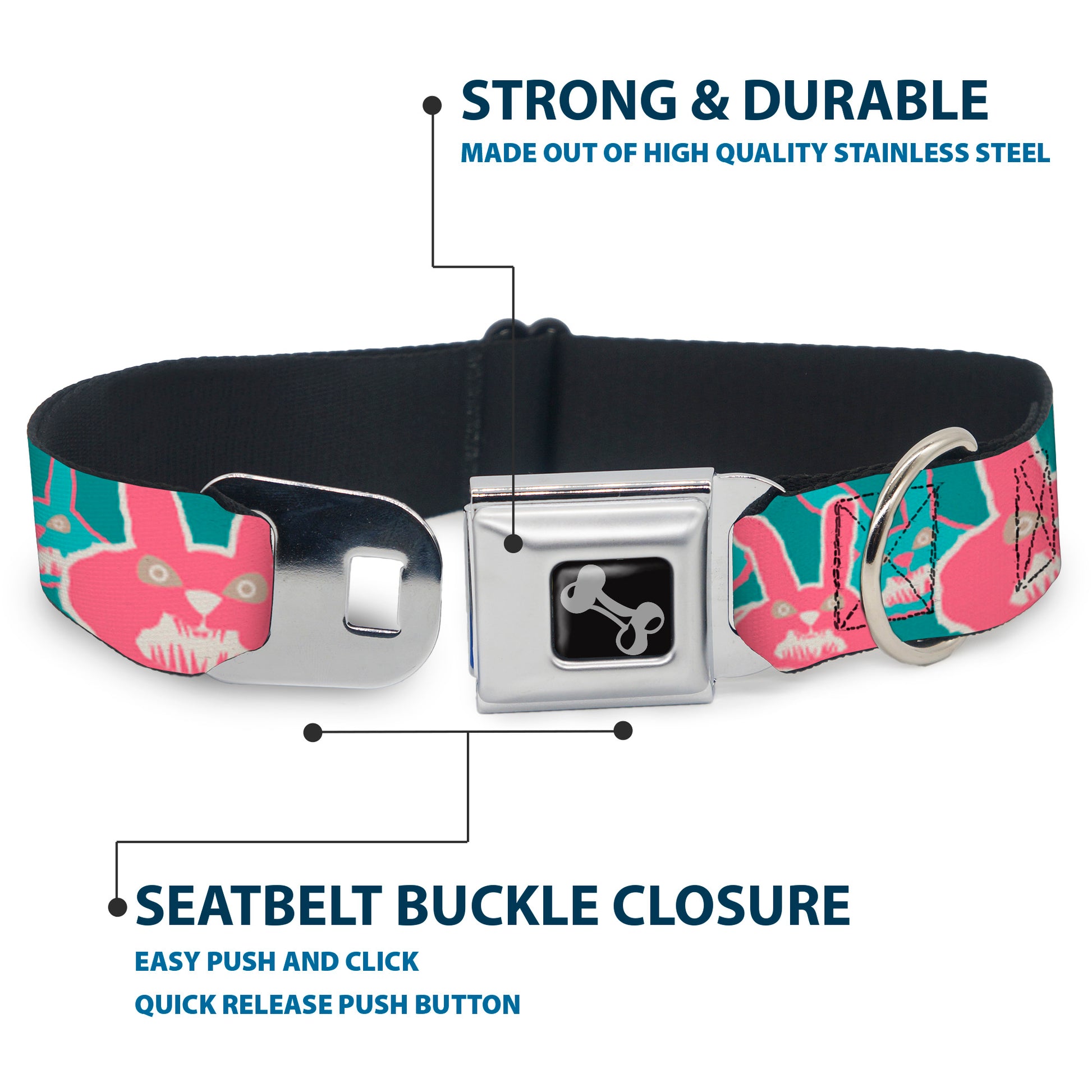 Dog Bone Seatbelt Buckle Collar - Angry Bunnies Turquoise/Pinks Seatbelt Buckle Collars Buckle-Down