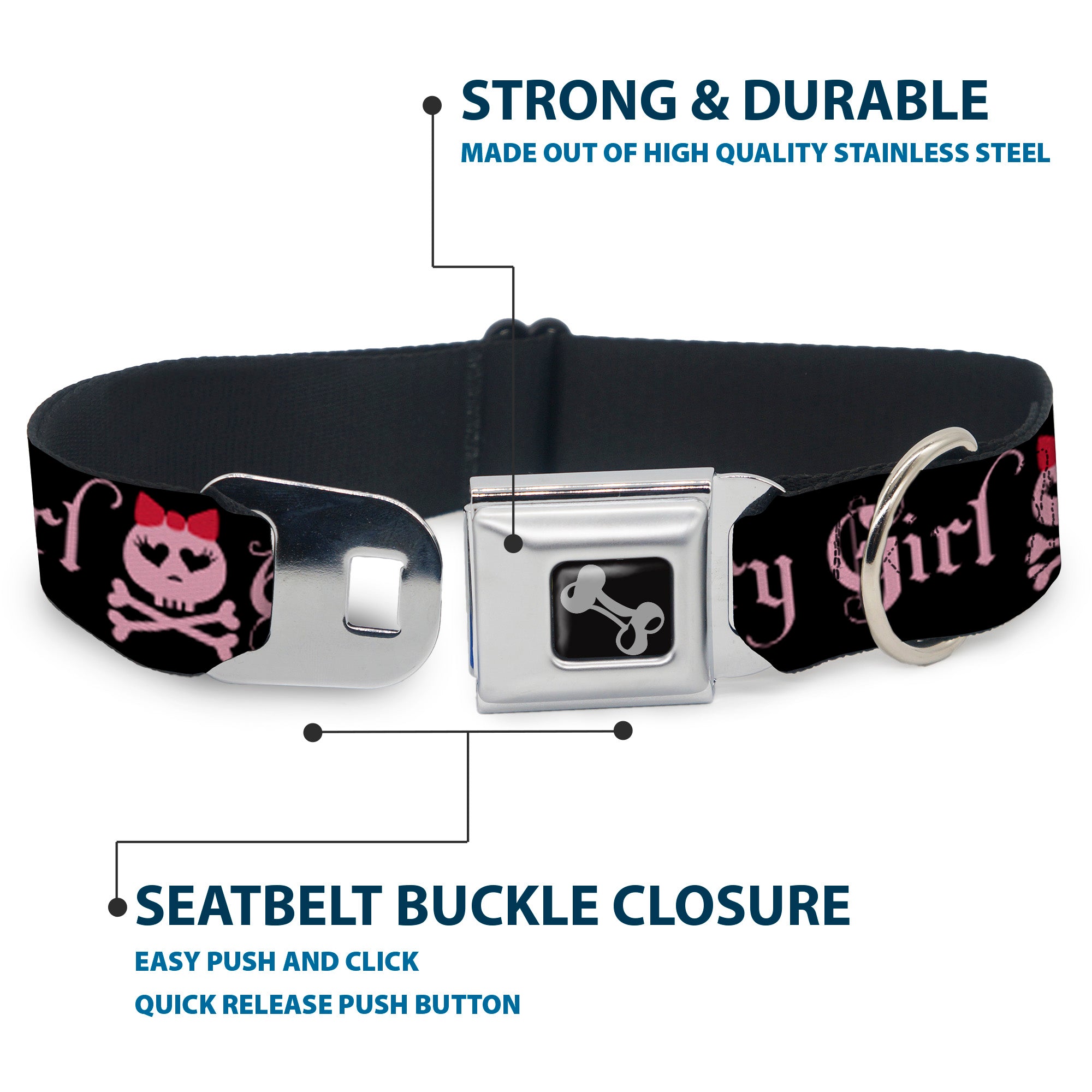 Dog Bone Seatbelt Buckle Collar - Angry Girl Black/Pink Seatbelt Buckle Collars Buckle-Down
