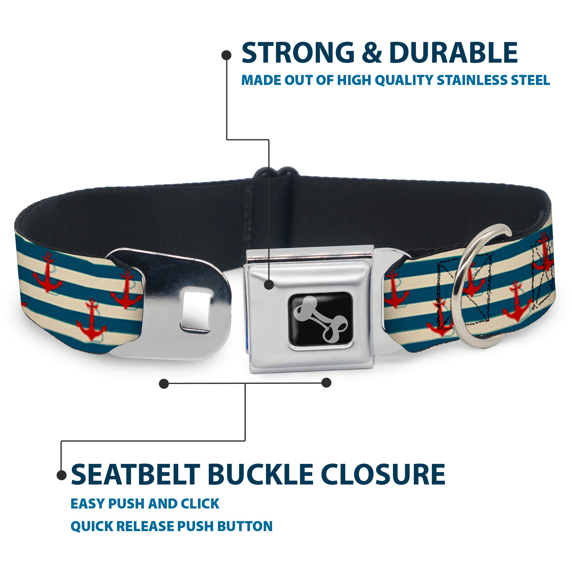 Dog Bone Seatbelt Buckle Collar - Anchors w/Stripes White/Blue/Red Seatbelt Buckle Collars Buckle-Down