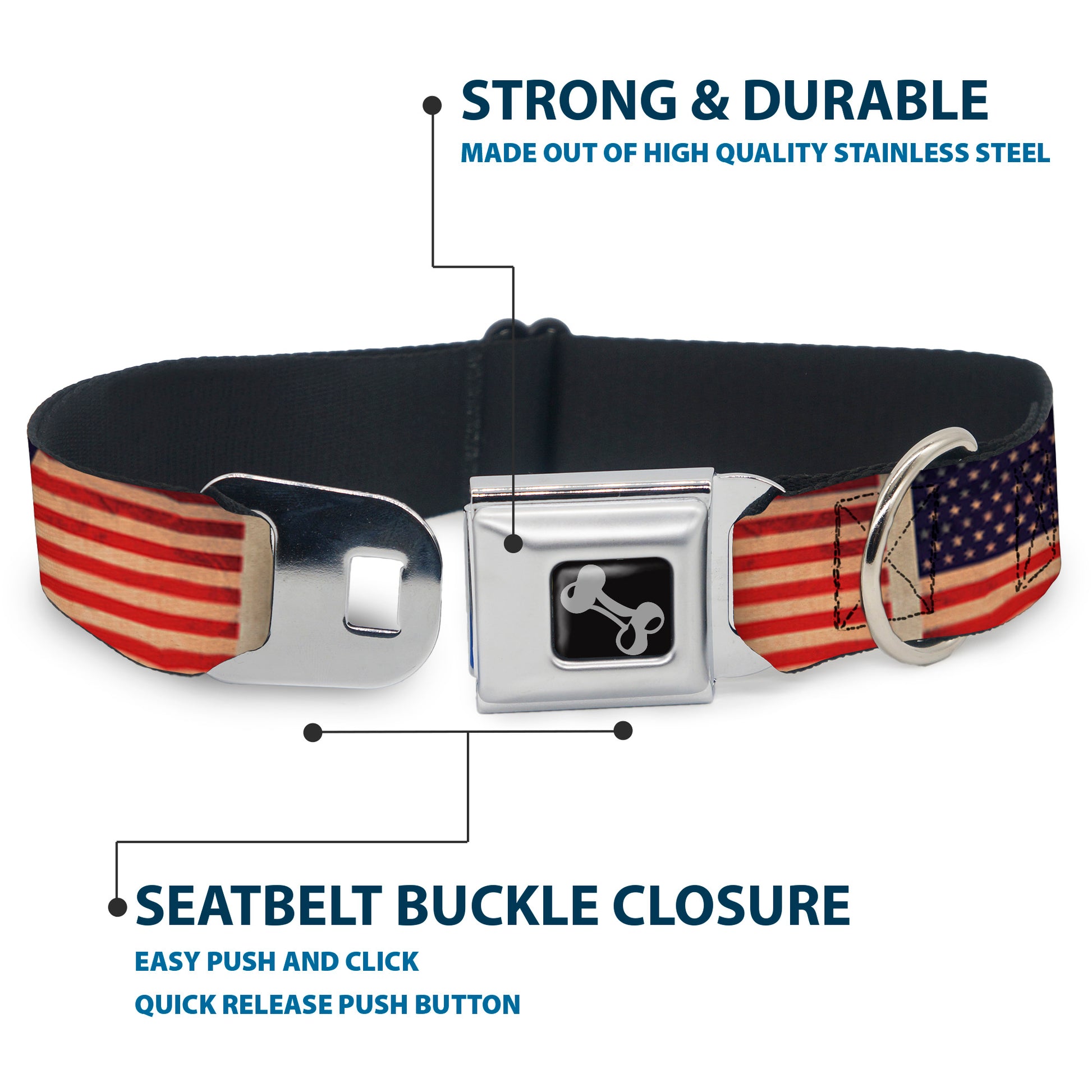 Dog Bone Seatbelt Buckle Collar - American Flag Weathered Color Repeat Seatbelt Buckle Collars Buckle-Down